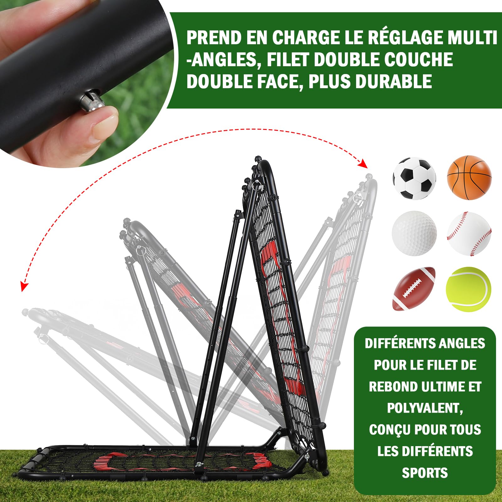 BaseGoal Filet de Rebond Football, Ajustable Angle Réglables Rebondisseur de Football Pliable avec Filet Double Couche, Convient pour Entraînement et Plus Varié Enfants et Adolescents
