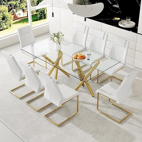Miniatura 15 de Ebullient Moderno juego de mesa de comedor para 6, mesa de comedor de cristal de 71 pulgadas y patas de mesa de metal dorado, mesas de comedor Mesa