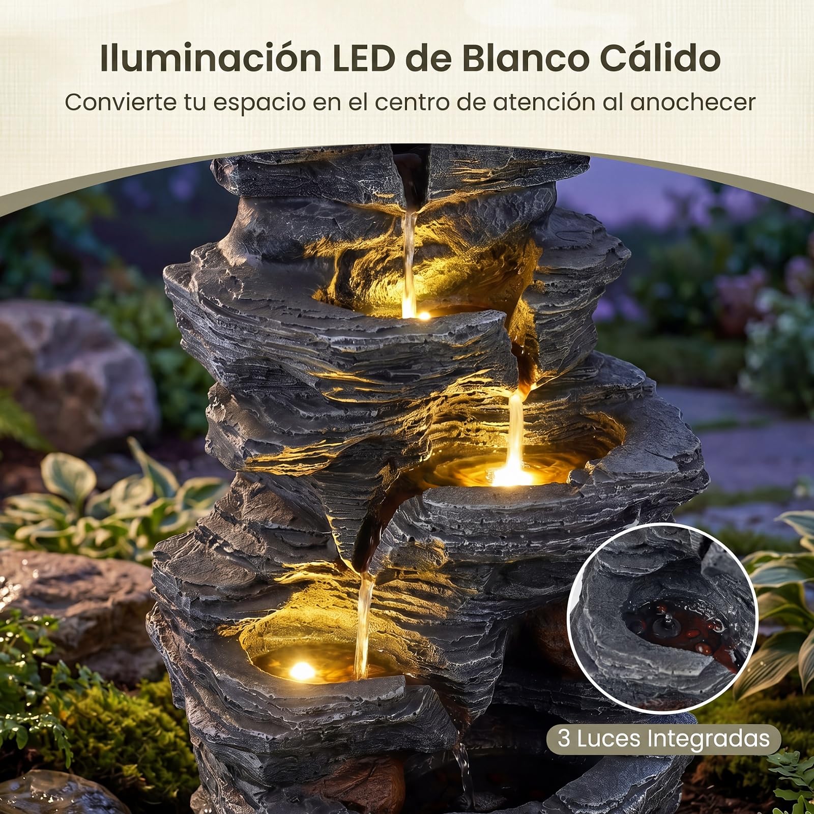 COSTWAY Fuente de Agua en Cascada 5 Niveles, Iluminación LED Bomba, 45,5 cm | Fuente Jardin Exterior, Decoración Independiente de Mesa o Suelo Salón Patio Terraza