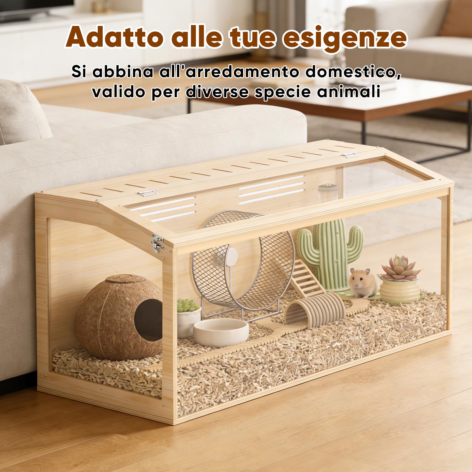 X XBEN Gabbia per Criceti in Legno, Tetto Apribile & Ventilazione Multipla | Vivarium Acrilico Spazioso, Cornice Legno Naturale per Criceti Nani, Roditori, Topi,Piccoli Animali 80L×40W×40H cm (0,128 m³)