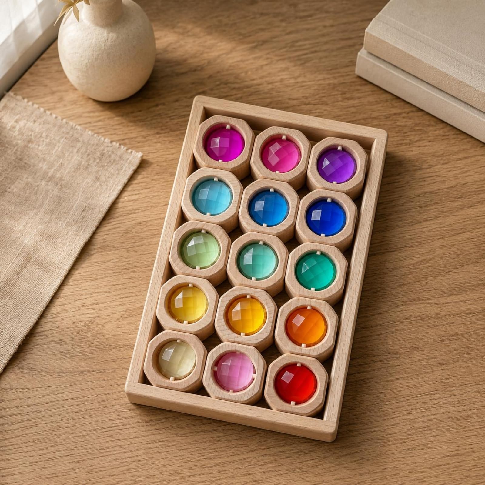 Kinder Bausteine Holzbausteine Acrylsteine Lernspielzeug Bauspiel Set aus Unbehandeltem Buchenholz mit Klaren Einsätzen für Lichtdurchlass Und