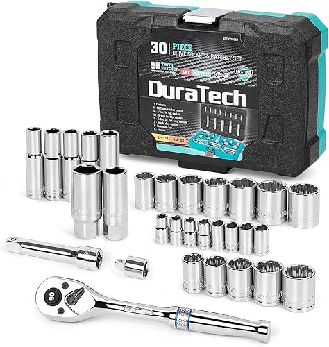 Miniatura 1 de DURATECH Juego de dados de 38 pulgadas y 14 pulgadas, 30 piezas estándar (SAE) y enchufes métricos para mecánica, trinquete de liberación rápida de