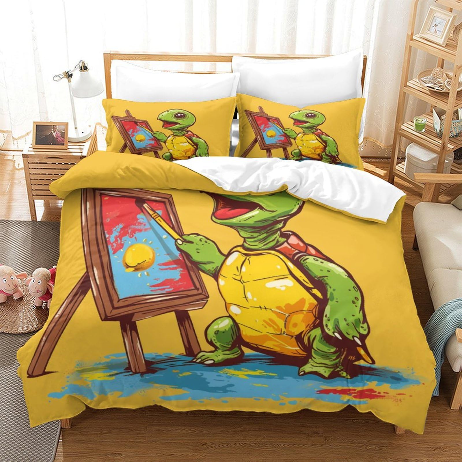 Housse de couette anime tortue Super King 260x220cm avec taies d'oreiller pour lit enfant