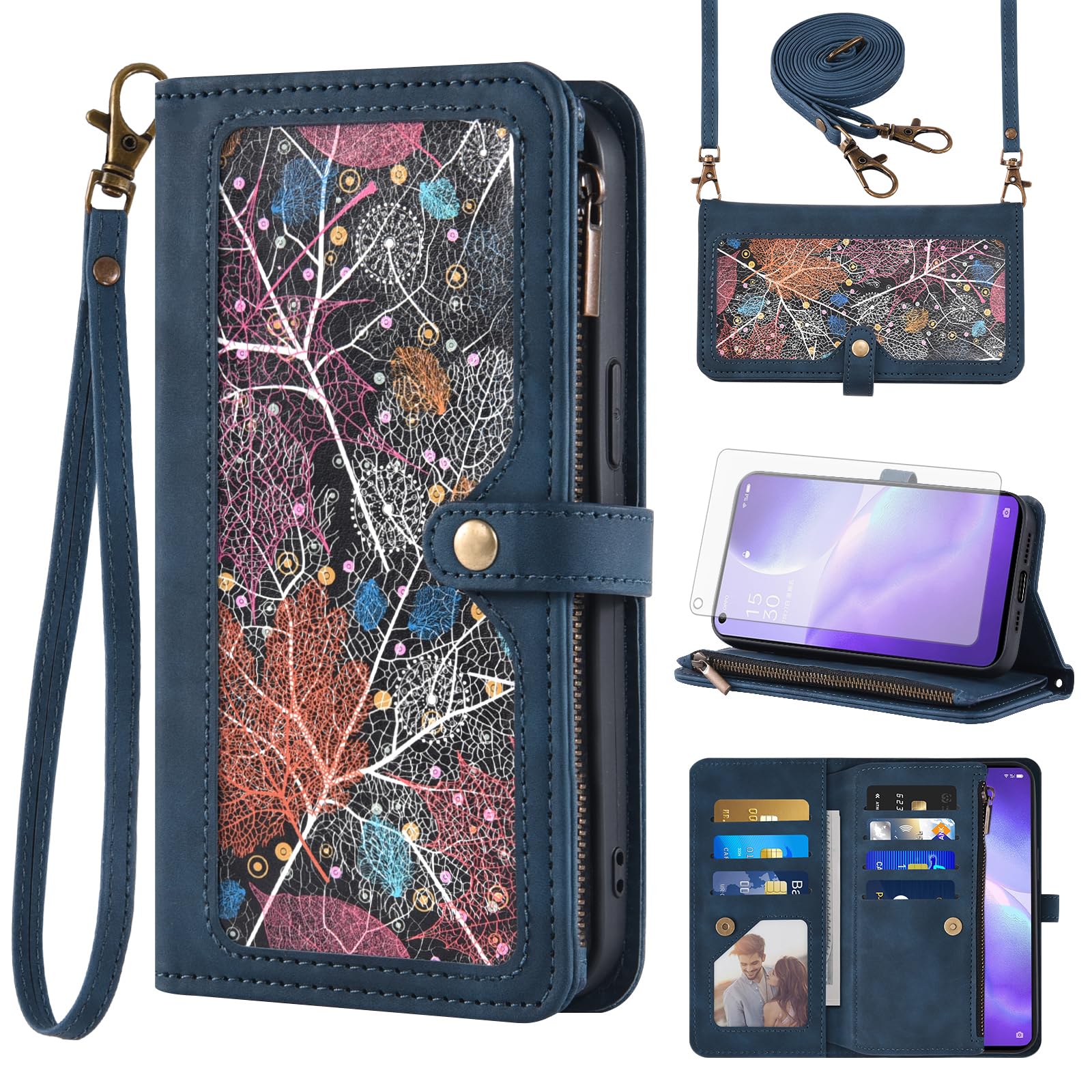 Coque Oppo Find X3 Lite Portefeuille avec Cordon Chaîne Bleu - 8
