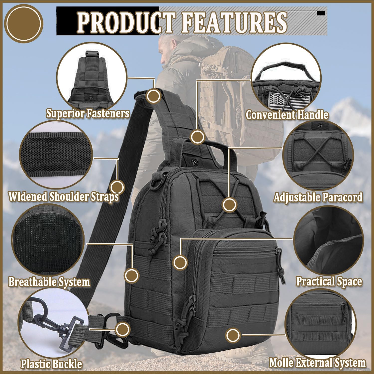 Tactical Sling Bag, Outdoor Durable Military Shoulder Chest Pack EDC Crossbody Daypack for Traveling Trekking (Black) - Image 4