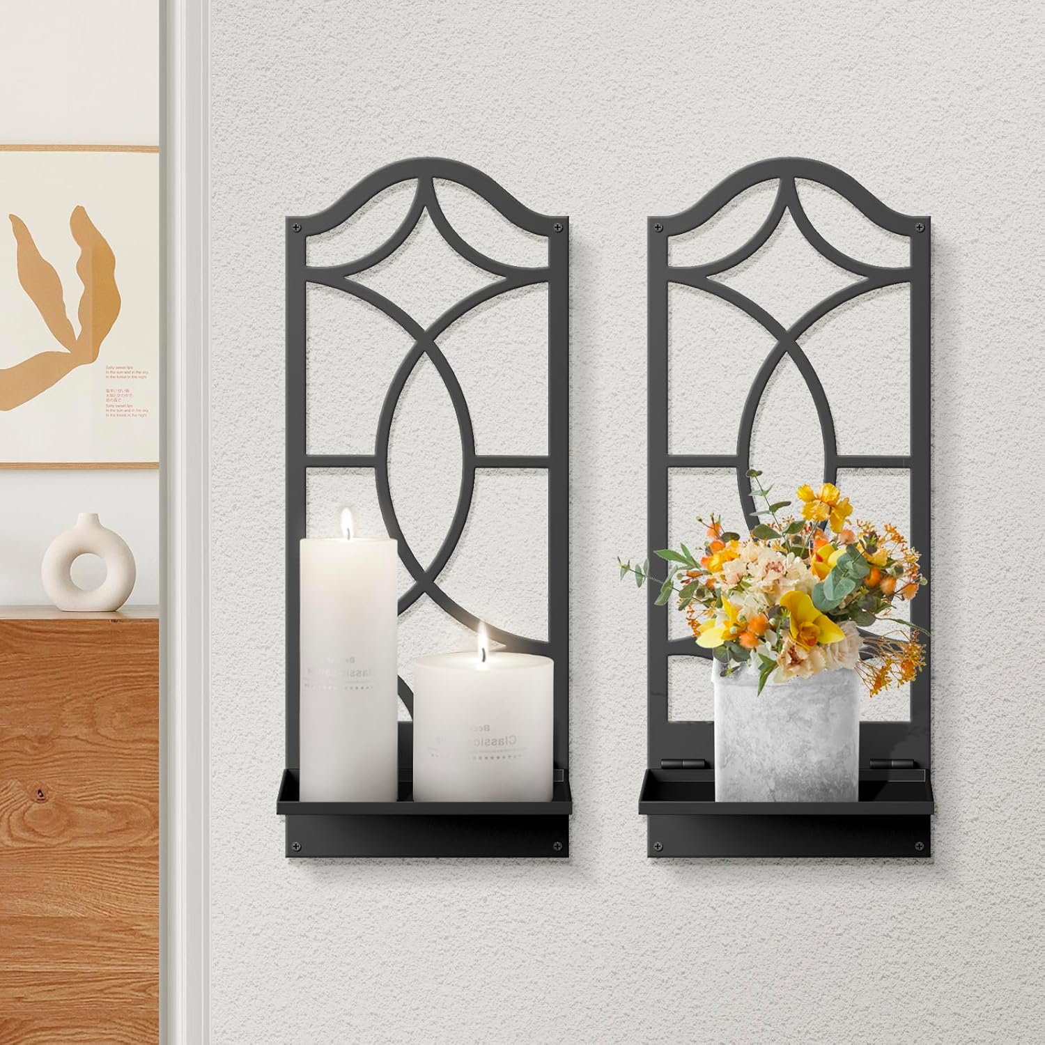 Juego de 2 candelabros de pared, decoración artística de pared de metal negro, portavelas de pared de línea moderna para sala de estar, comedor, dormitorio, baño (16.5 x 7 pulgadas) Colombia