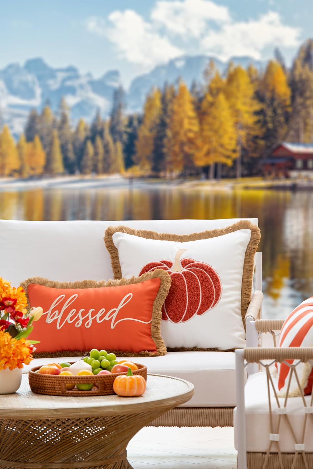 Hofdeco Premium Fall Coastal Patio Indoor Outdoor Lumbar Pillow Cover Only, 12"x20" Water Repellent for Backyard, Couch, Rust Orange Embroidered Blessed with Fringed Trim