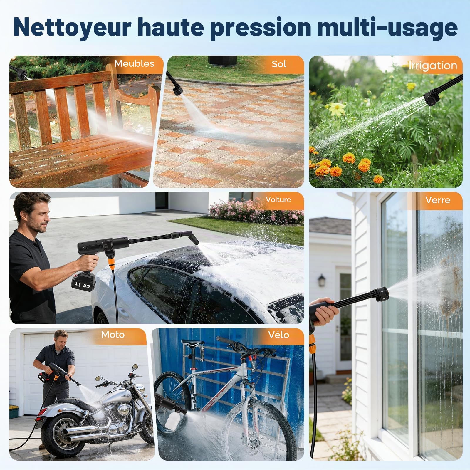 Nettoyeur Haute Pression sans Fil, 83 Bars, Portable, avec 2 Batteries de 4000 mAh, buse réglable 6 en 1, Nettoyage Ultra-Puissant, Tuyau de 8.5M pour Le Nettoyage de la Voiture et du Jardin
