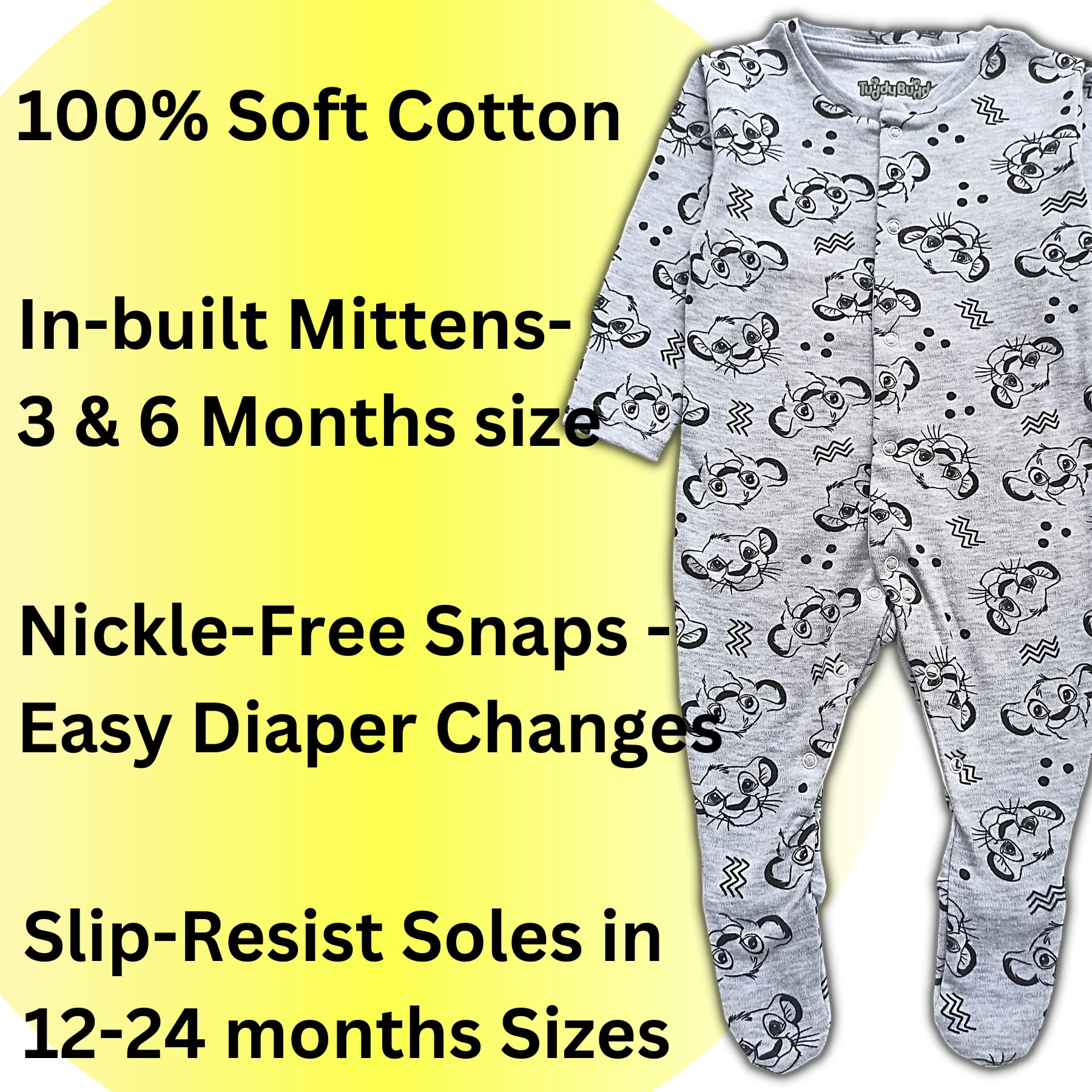 TuddyBuddy 100% Cotton Multi Color Rompers/Sleepsuits for Baby Girl (Pack of 2 Footed Rompers - Grey AOP & Panda, 0-3 Months) - Image 3 thumbnail