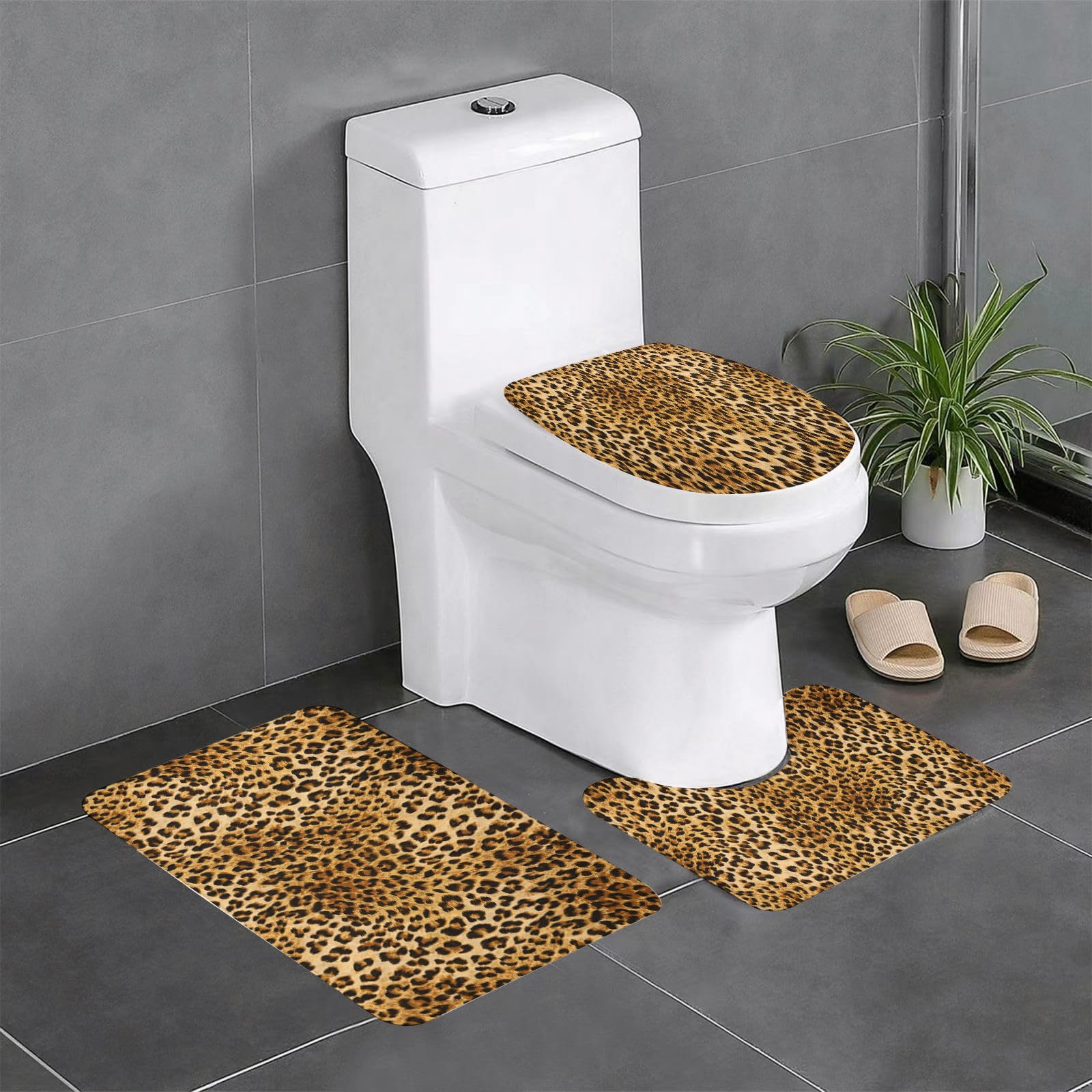 Set di 3 tappetini da Bagno, Lavabili in Lavatrice e Antiscivolo, in Morbida Fibra Superfine, con Stampa Animalier, Motivo Leopardo (2 Pezzi)