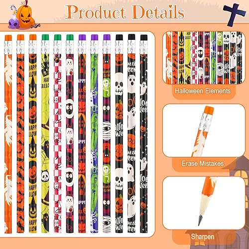 Miniatura 3 de Chivao 240 lápices de Halloween con borrador, tapas de fantasma, calabaza, lápices de madera, surtido de artículos de papelería de Halloween