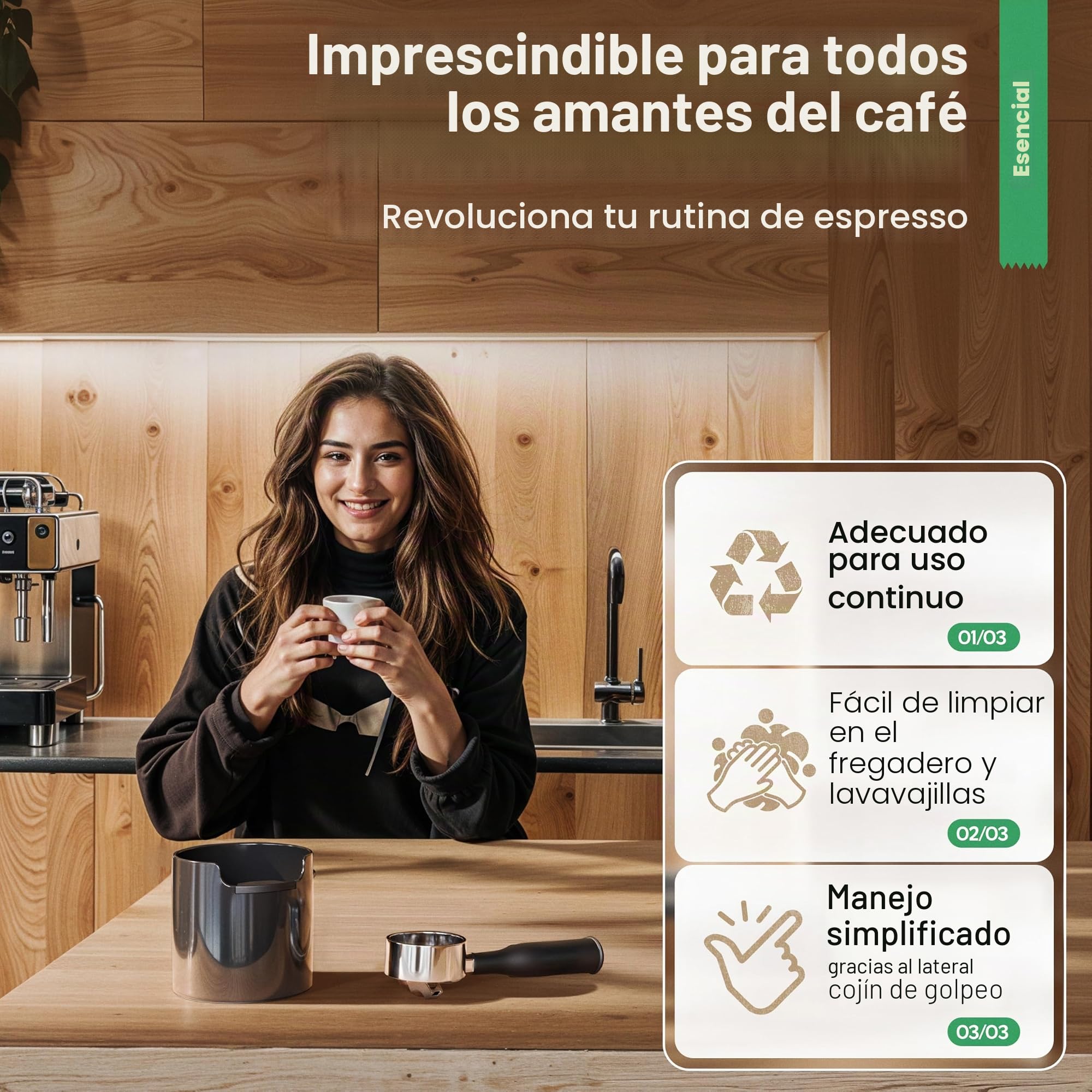 Knock Box con Manejo Mejorado: Innovador Cajón para Posos de Café, Golpeador - Accesorios Barista para Máquinas de Espresso, Recogida y Reciclaje