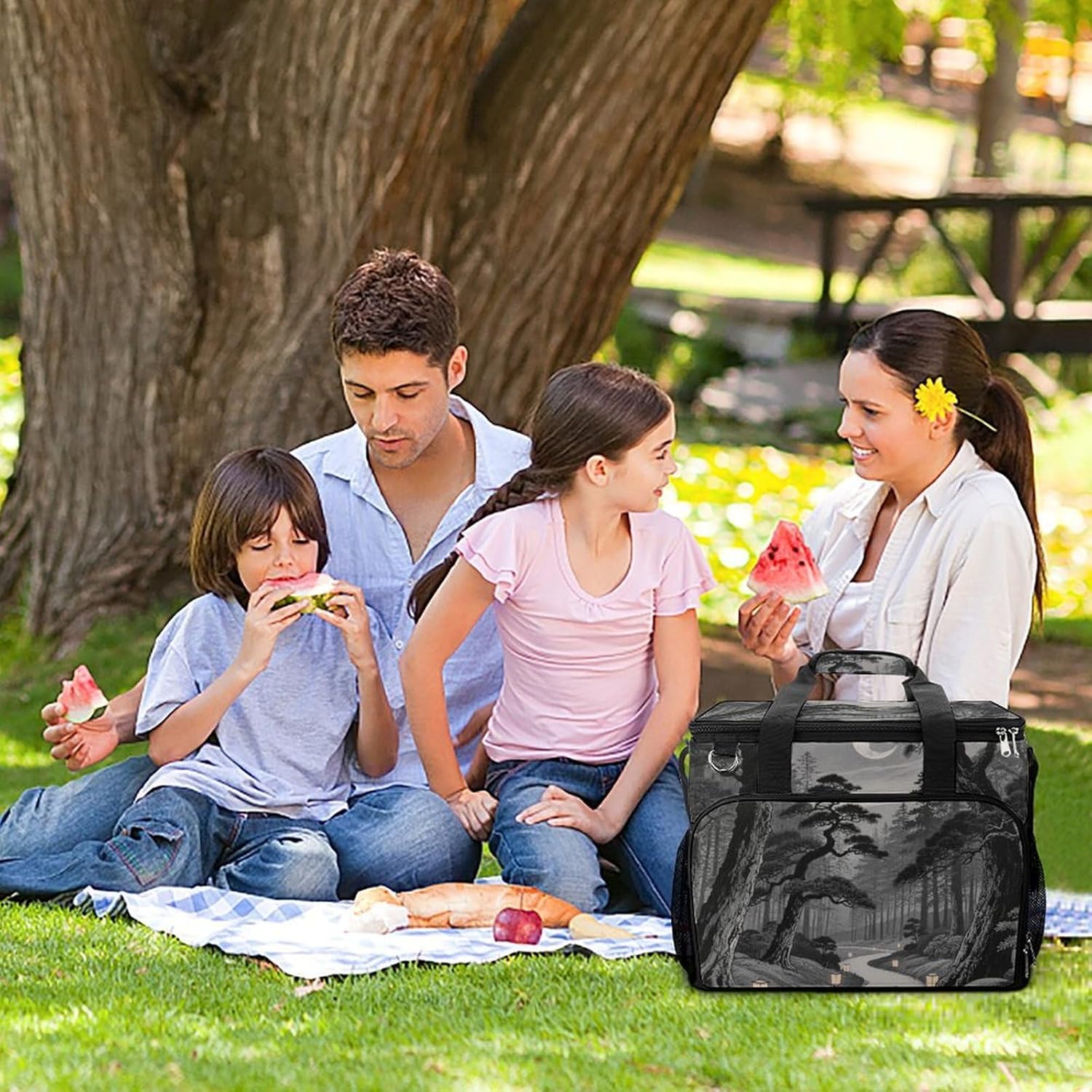 Insulated Picnic Backpack Tote Bag, Large Capacity 30L Black Forest Japanese Moon Cooler Bag Leakproof Beach Bags Portable Lunch Box Waterproof Picnic Basket for Beach Camping BBQ