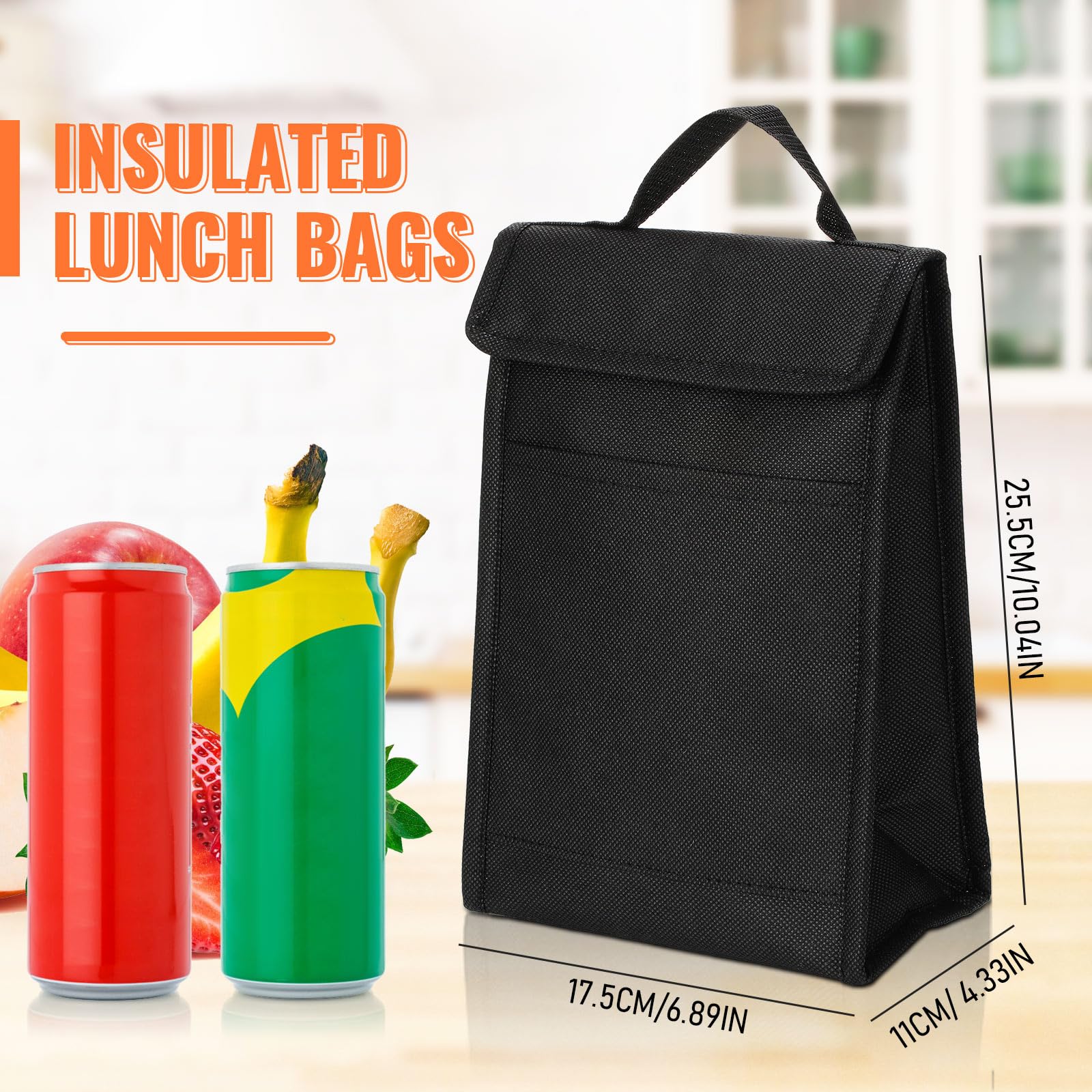 Isolierte Lunch-Taschen mit Klettverschluss, schwarz, wiederverwendbar, wasserdicht, Lunch-Tasche, isolierte Lunchboxen, Großpackung mit Aluminiumfolie, thermisch für Damen und Herren, Büro,