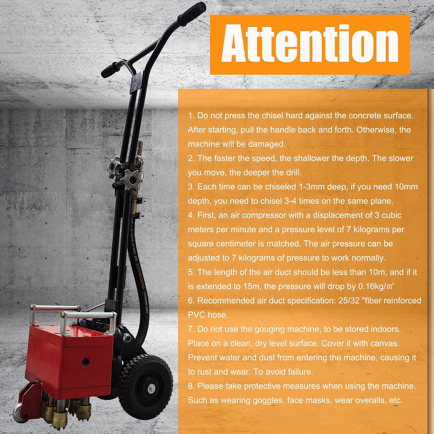 Concrete Scabler Grinder Scarifier Hand Pushed Pneumatic Chiseling Machine 7 Heads Air Pressure Concrete Floor Grinder Bridge Concrete Roughening Machine 38cm Working Width No Air Compressor