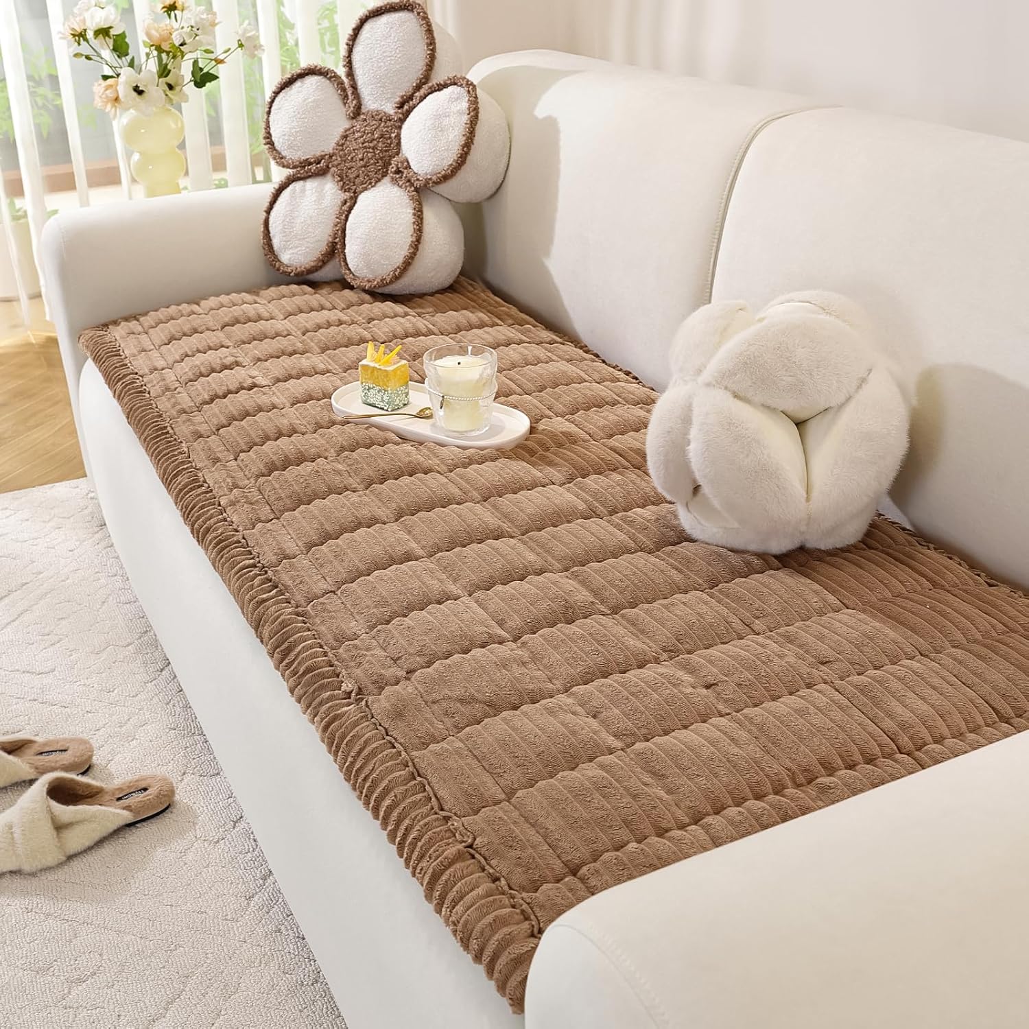 Couch Cover for Dogs Washable, Pet Couch Covers for Sofa, Soft Fuzzy Sectional Sofa Cover L Shape, Thick Couch Protector Pet Friendly, Paw Cart Dog Mat for Couches and Sofas (27.6" x 82.7", Brown)