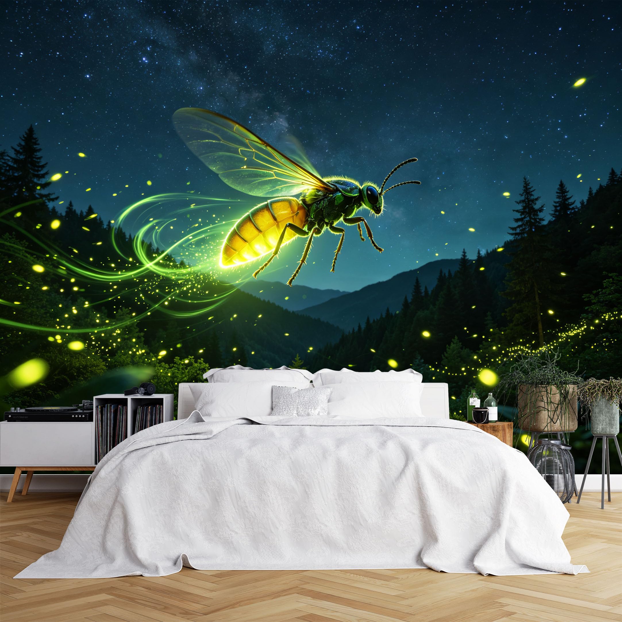 Lcythiazole Ch260615161 Custom Size Wall Murals Glowing Firefly Night Mountain Forest Wall Murals Starry Nature Wallpaper Hd Self-Adhesive Removable Wallpaper For Bedroom Living Room