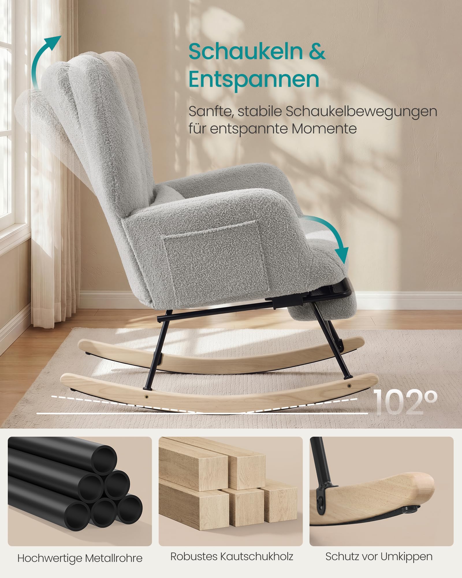 SONGMICS Schaukelstuhl, Relaxsessel, ausziehbare Fußstütze, Schaukelsessel, abnehmbares Kissen, Seitentaschen, Holzbeine, Fleece, für Schlafzimmer, Wohnzimmer, Taubengrau LYY018G101