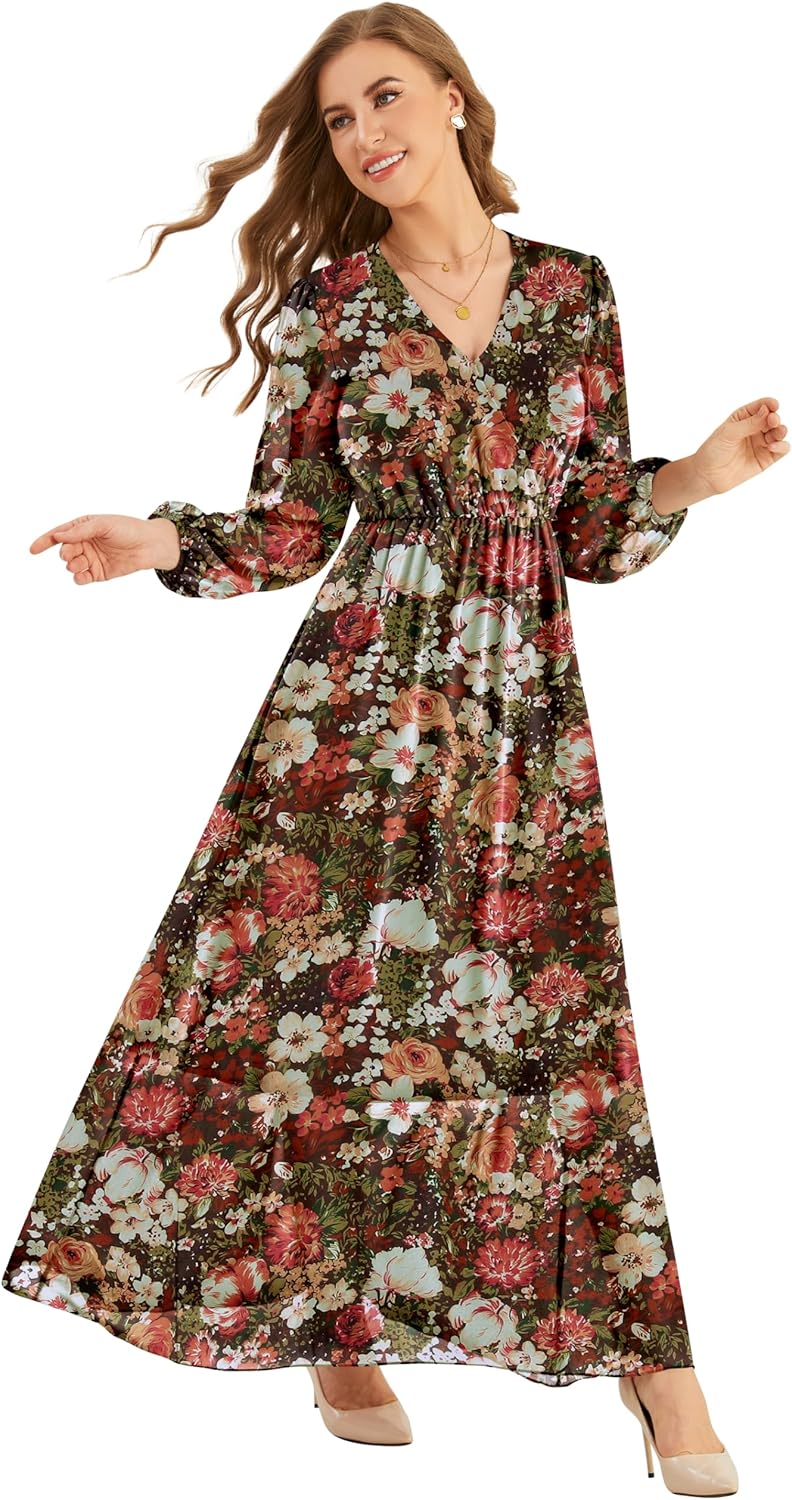 CYiNu Long Sleeve Maxi Dress for Women Chiffon V Neck Boho Floral Long Dress - Image 2