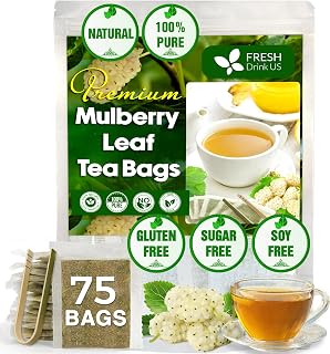 FreshDrinkUS Premium 75 Mulberry Leaf Tea Bags, 100% Natural & Pure. Loose Leaf Herbal Tea. Made with Natural Material Tea Bags. No Sugar, No Caffeine, No Gluten, Vegan