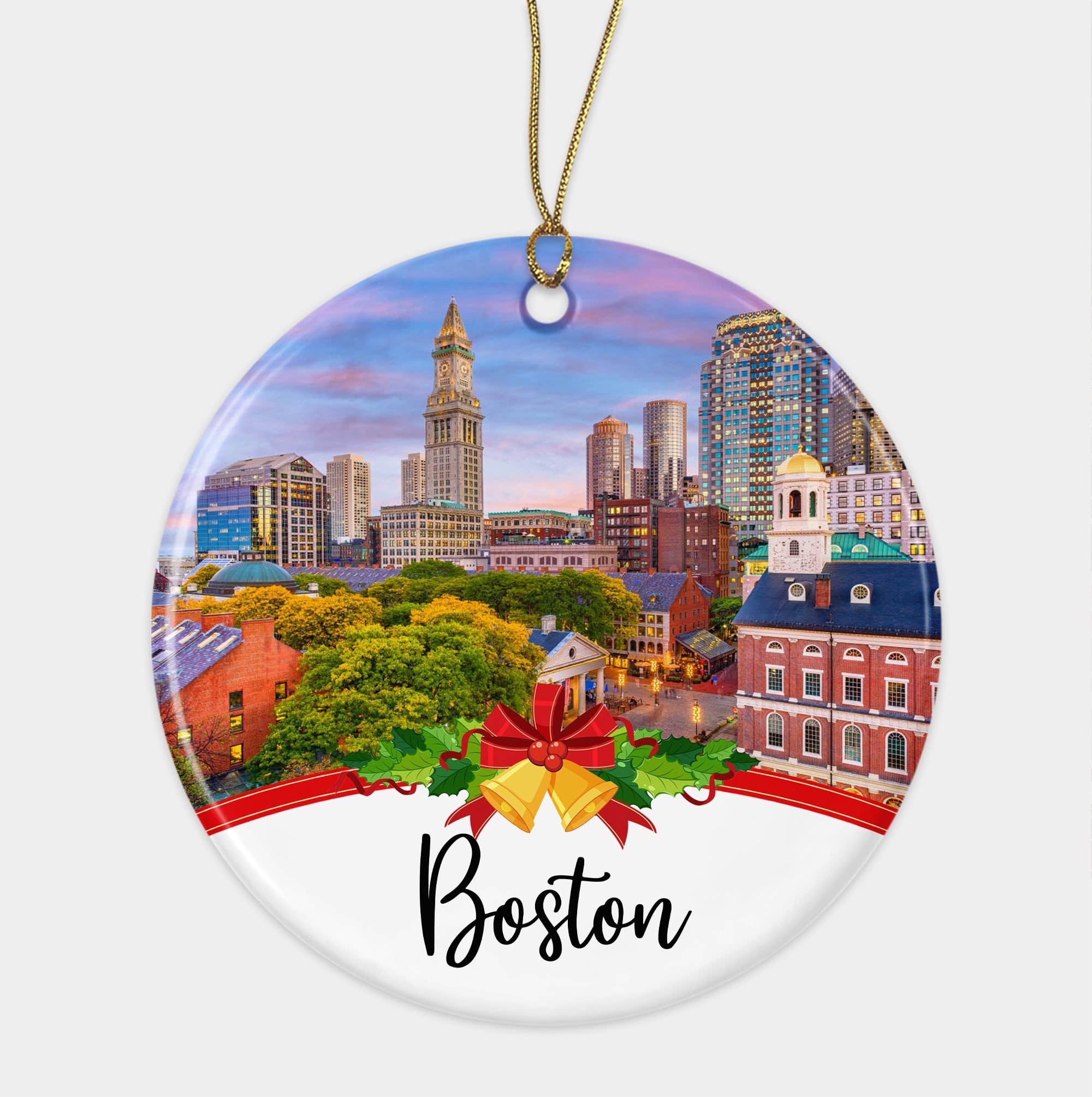 Boston City Travel Souvenirs Christmas Ornament Ceramic- New City Gift- Move to Boston City in Massachusetts Gifts- Ornament for Friends- Boston City Lovers Printed on Both Sides