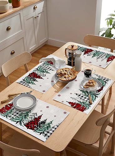 Miniatura 5 de Juego de 6 manteles individuales para árbol de Navidad, antideslizantes, lavables, con diseño de árbol de granja, con copos de nieve, para mesa de