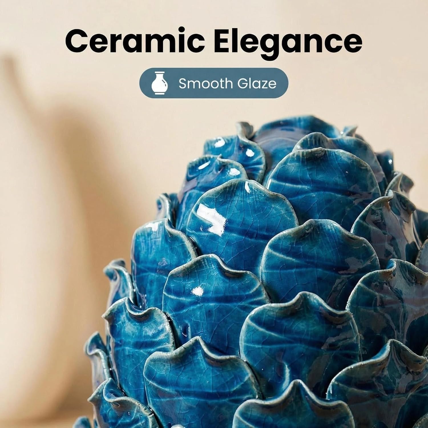Blue Ceramic Artichoke Statue - Unique Artisanal Decorative Sculpture, Decor for Living Room, Office, Bookshelf