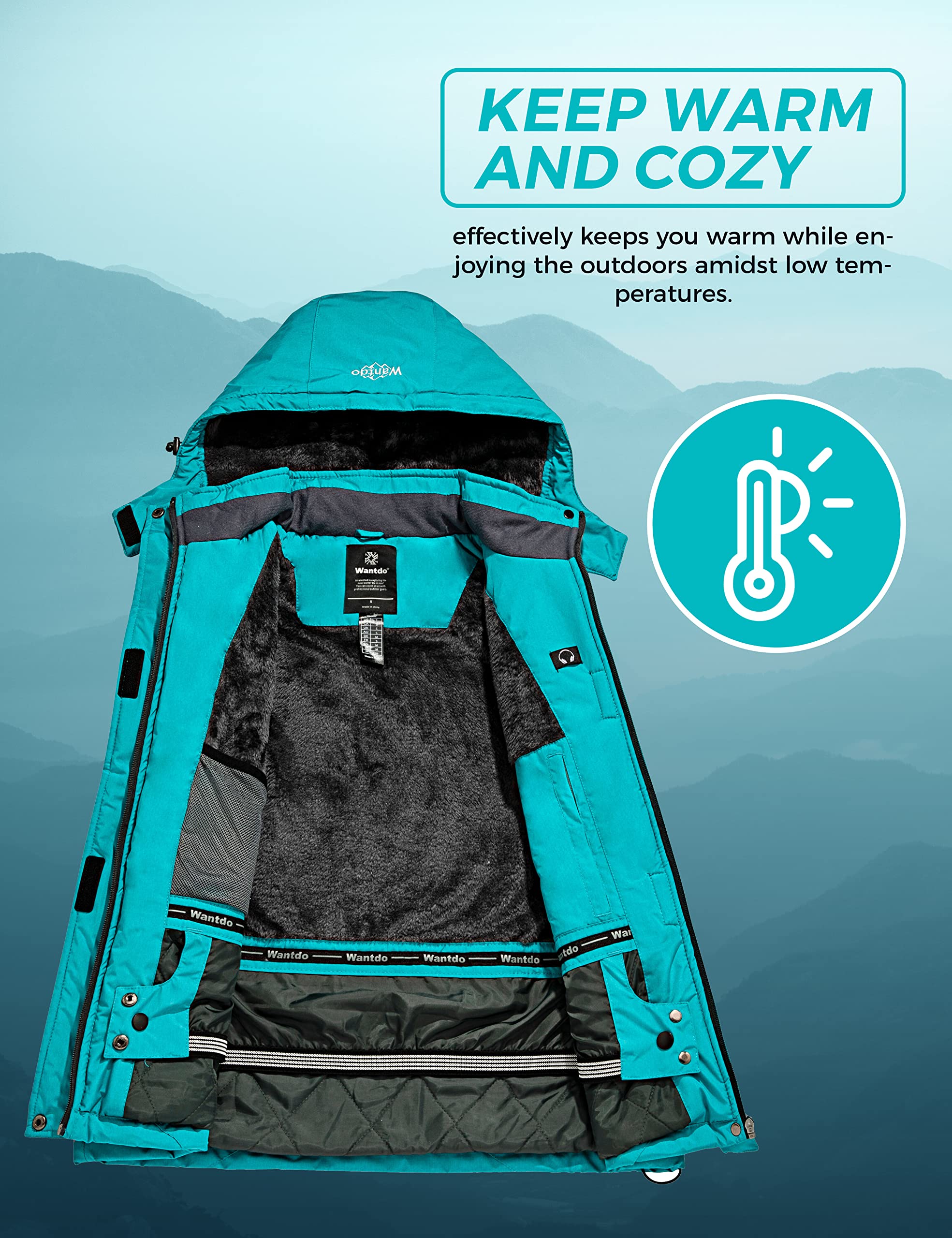 Wantdo Chaqueta de Esquí Cálida para Mujer con Forro Polar Chaqueta de Snowboard Impermeable con Capucha Abrigo de Montaña Impermeable Antiviento Mujer - 3