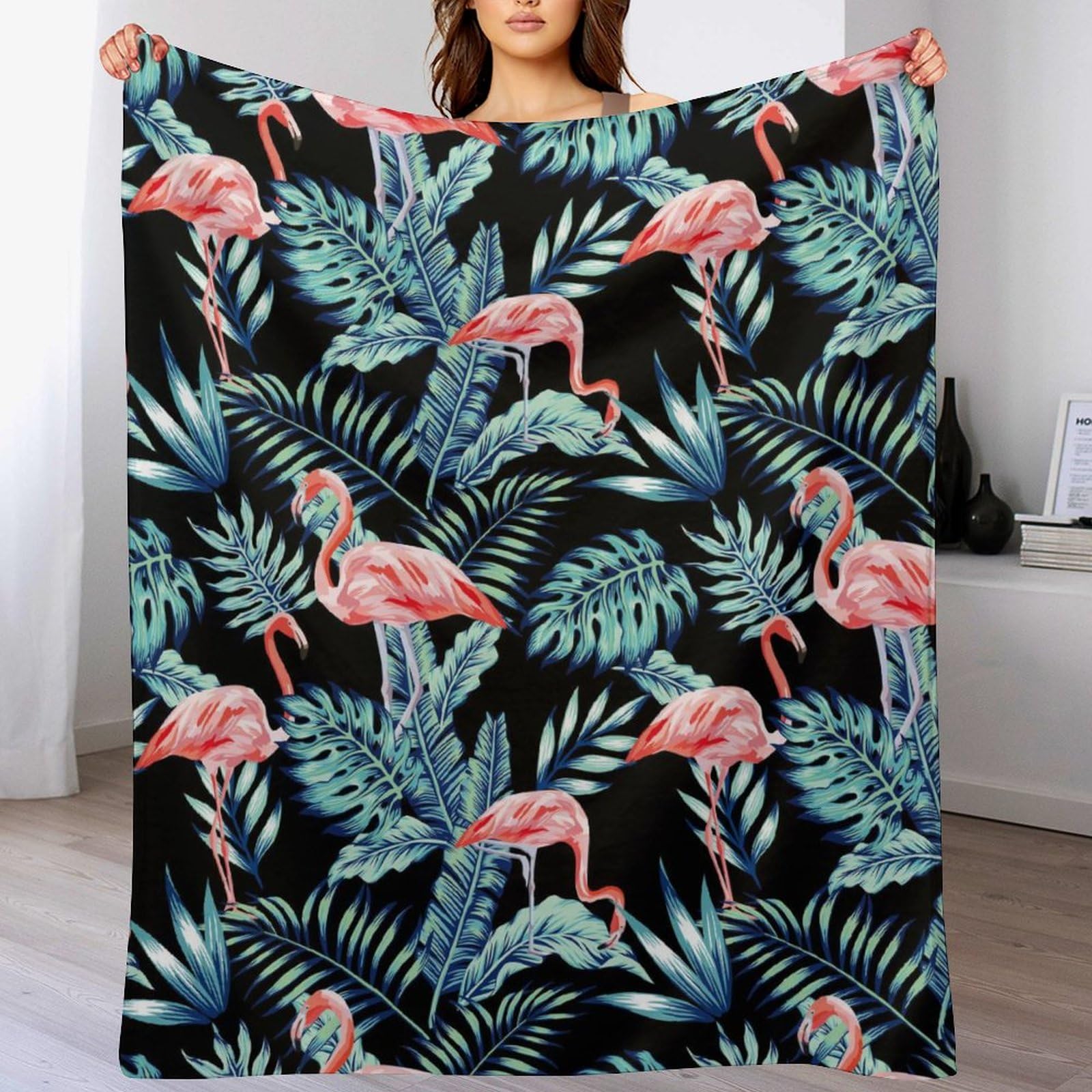 Melbrakin Color109 Palm Tree Leaves Exotic Tropical Bird Pink Flamingo Soft Flannel Travel Blanket, Living Room Home Sofa Decoration Blanket, Dormitory Office Nap Blanket