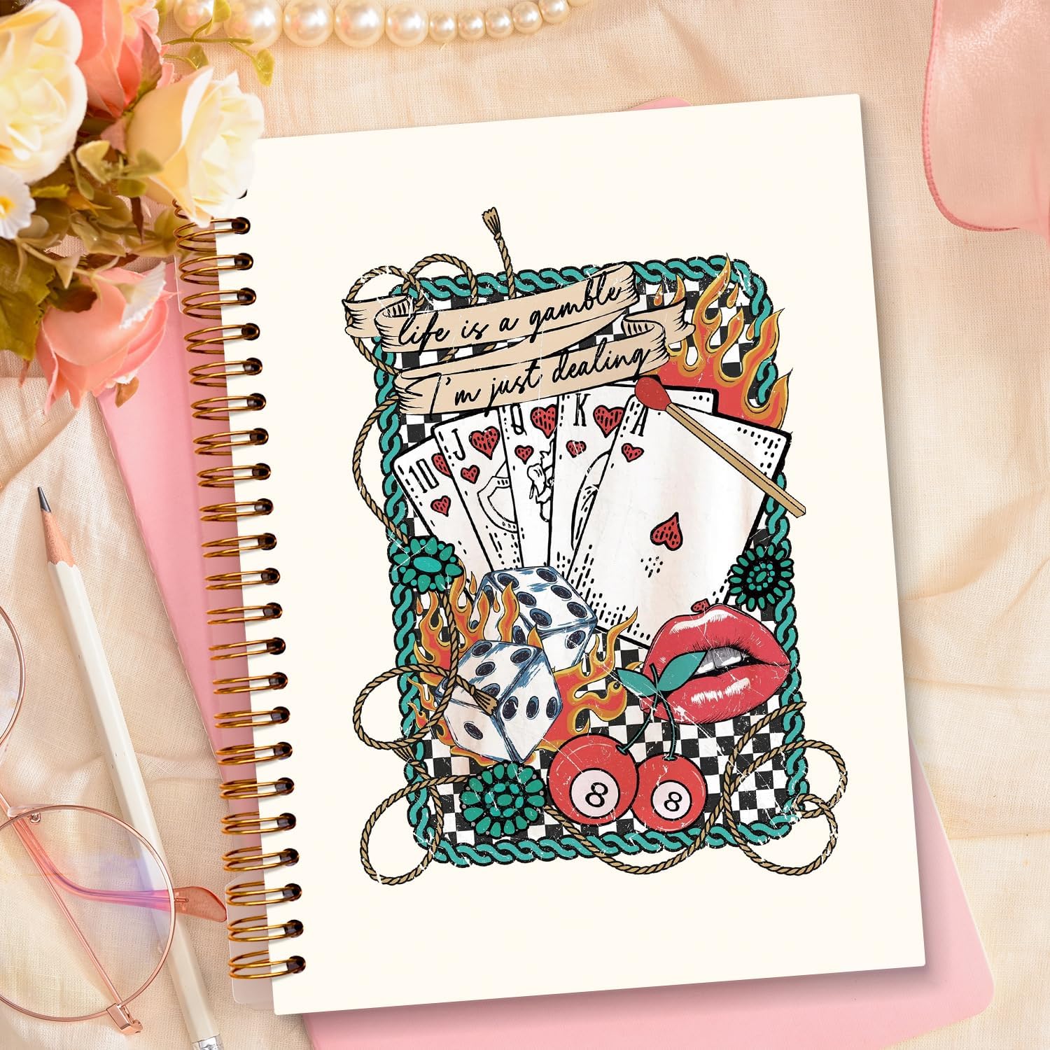 JXREQ Trendy Retro 70s Poker Card 8 Ball Western Notebook, Funky Punk Rock Journal, Country Western Aesthetic Journal for Women, Life is a Gamble I'm Just Dealing Inspirational Spiral Notebook 5.5x8.3 - Image 5