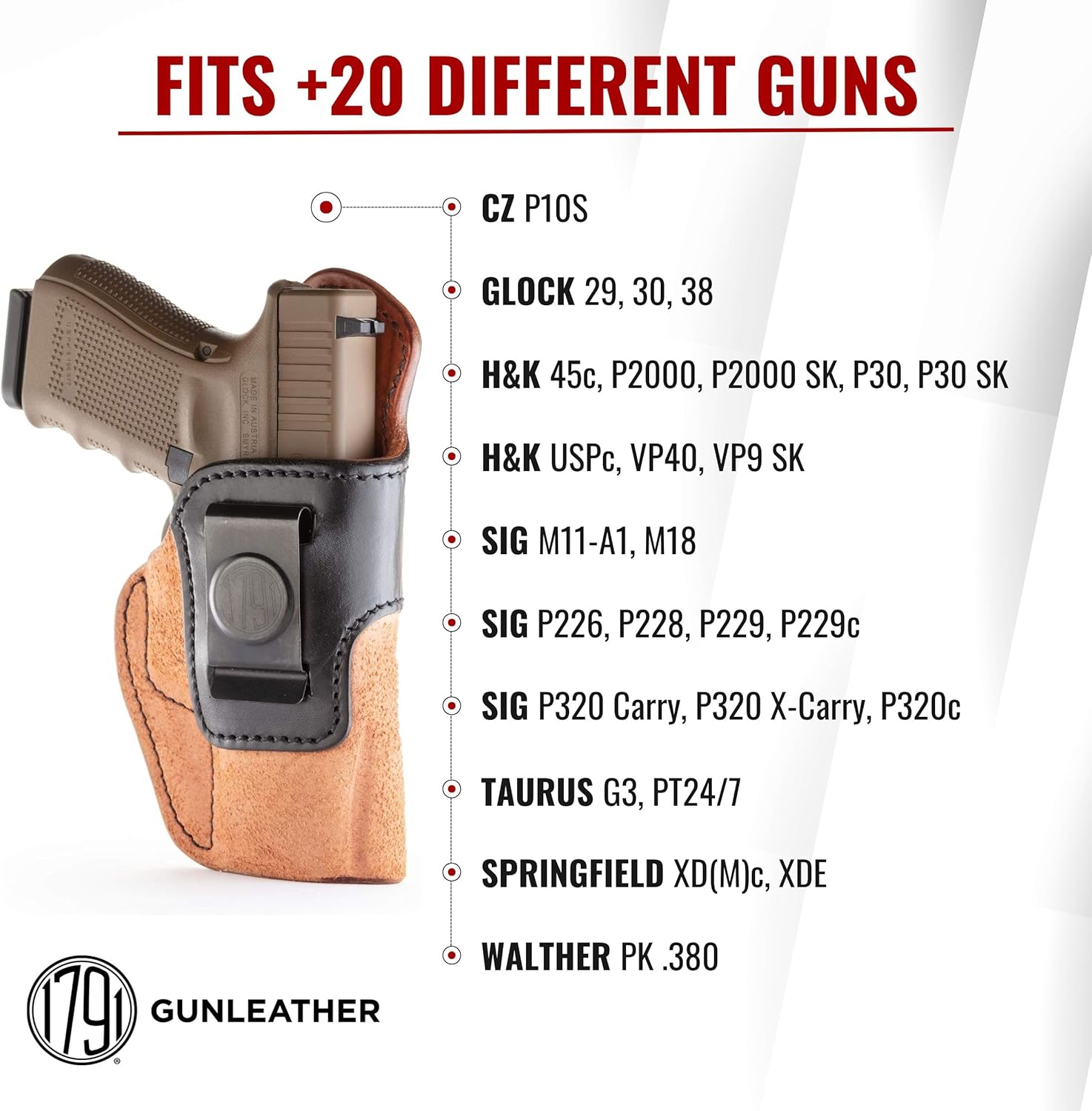 1791 Leather Gun Holster - IWB - Premium Leather Right Handed Holster - Fits Glock 23, 29, 30, 38 / Sig Sauer P220 P226 P229, P229c, P320c, P320