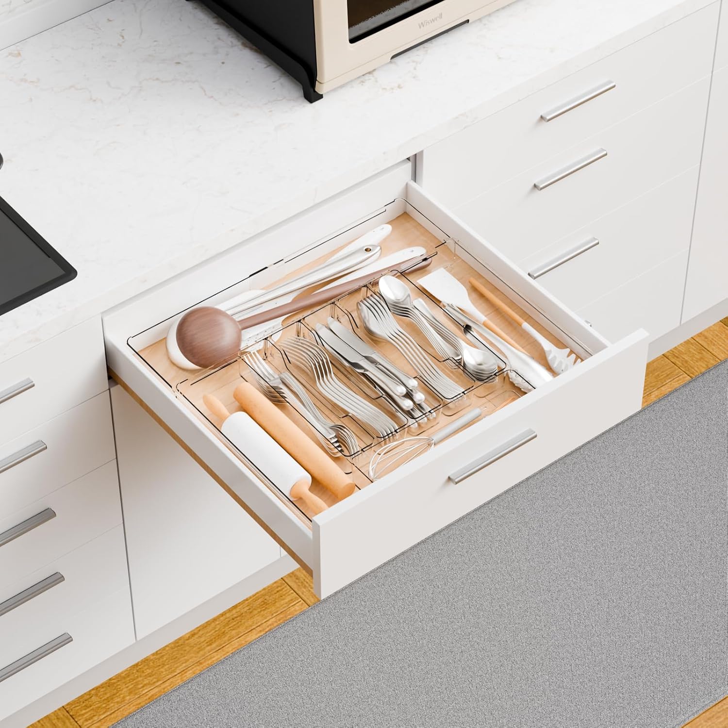 Yieach Clear Large Expandable Silverware Organizer and Kitchen Utensil Drawer Organizer,Plastic Adjustable Silverware Tray for Drawer Cutlery,Spatula,Tools,Flatware Organizers,Fork and Spoon Holder