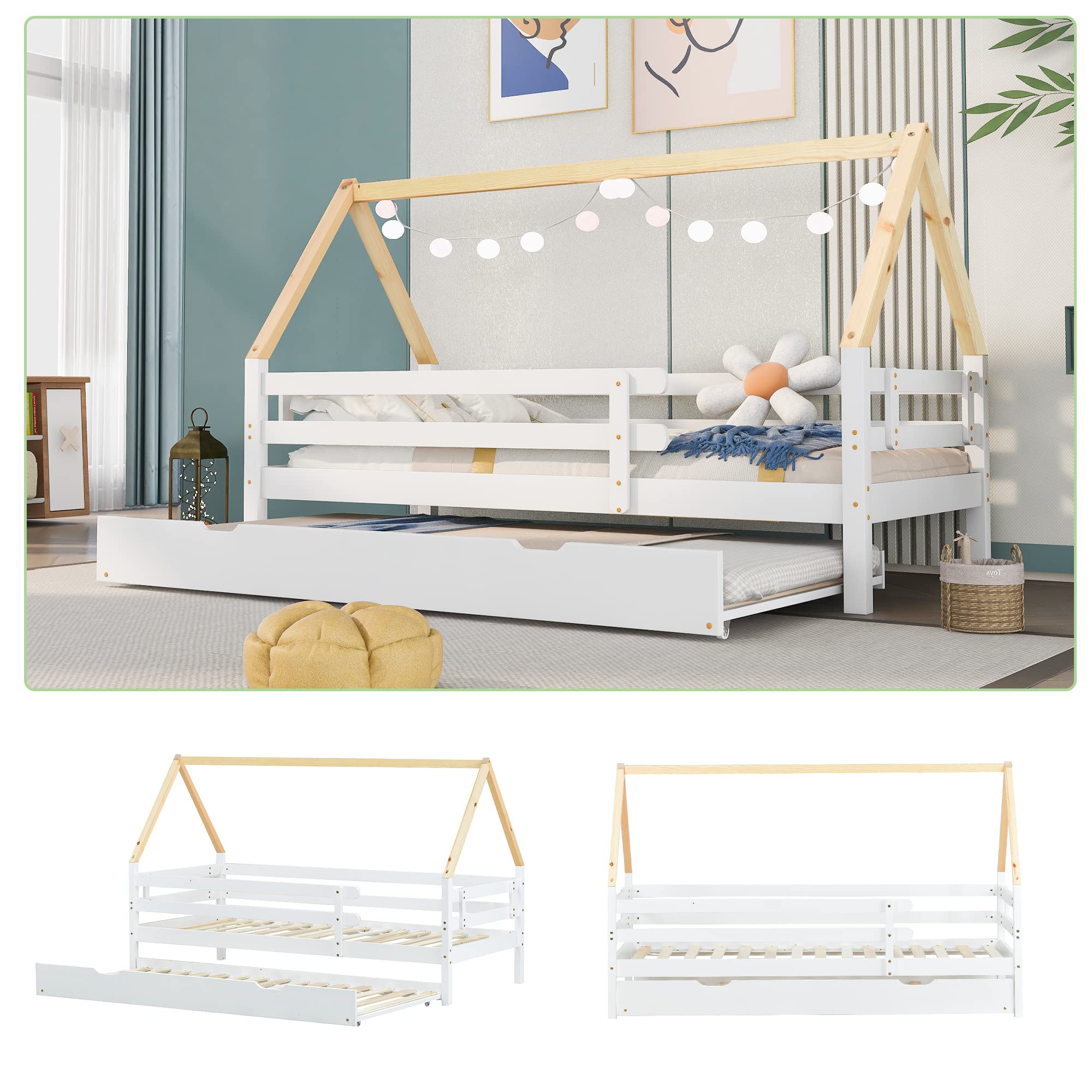 Cama infantil extraíble y deslizante con ruedas, madera maciza blanca, silla de techo natural (200 x 90 cm)