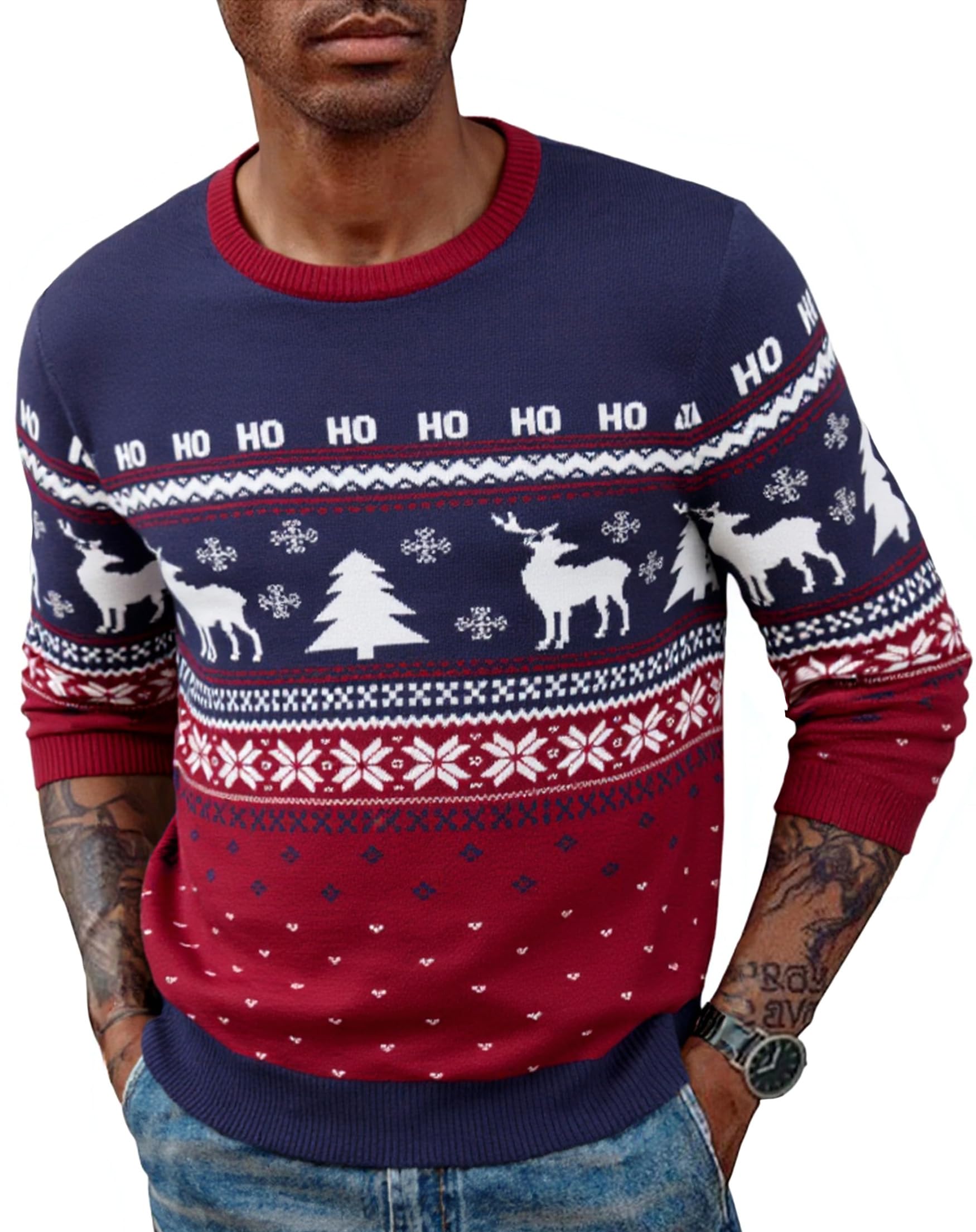 Jersey Navideño Cuello Redondo para Hombre Suéter de Manga Larga Cálido Reno Pullover de Punto Tallas S-XXL