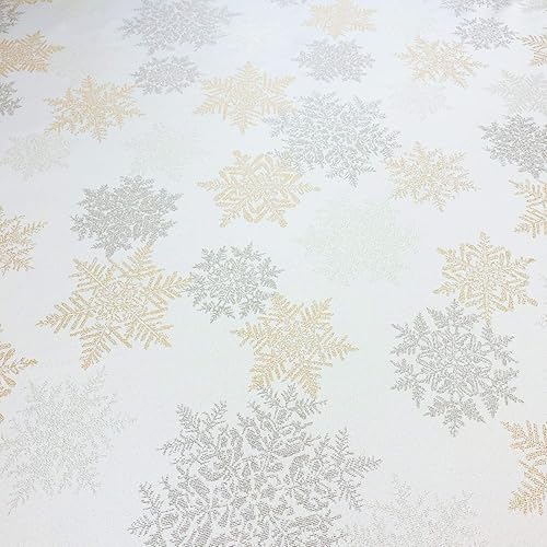 Miniatura 3 de CAIT CHAPMAN HOME COLLECTION Mantel tejido jacquard metálico con copos de nieve dorados y plateados festivos (mantel redondo de 70 pulgadas)