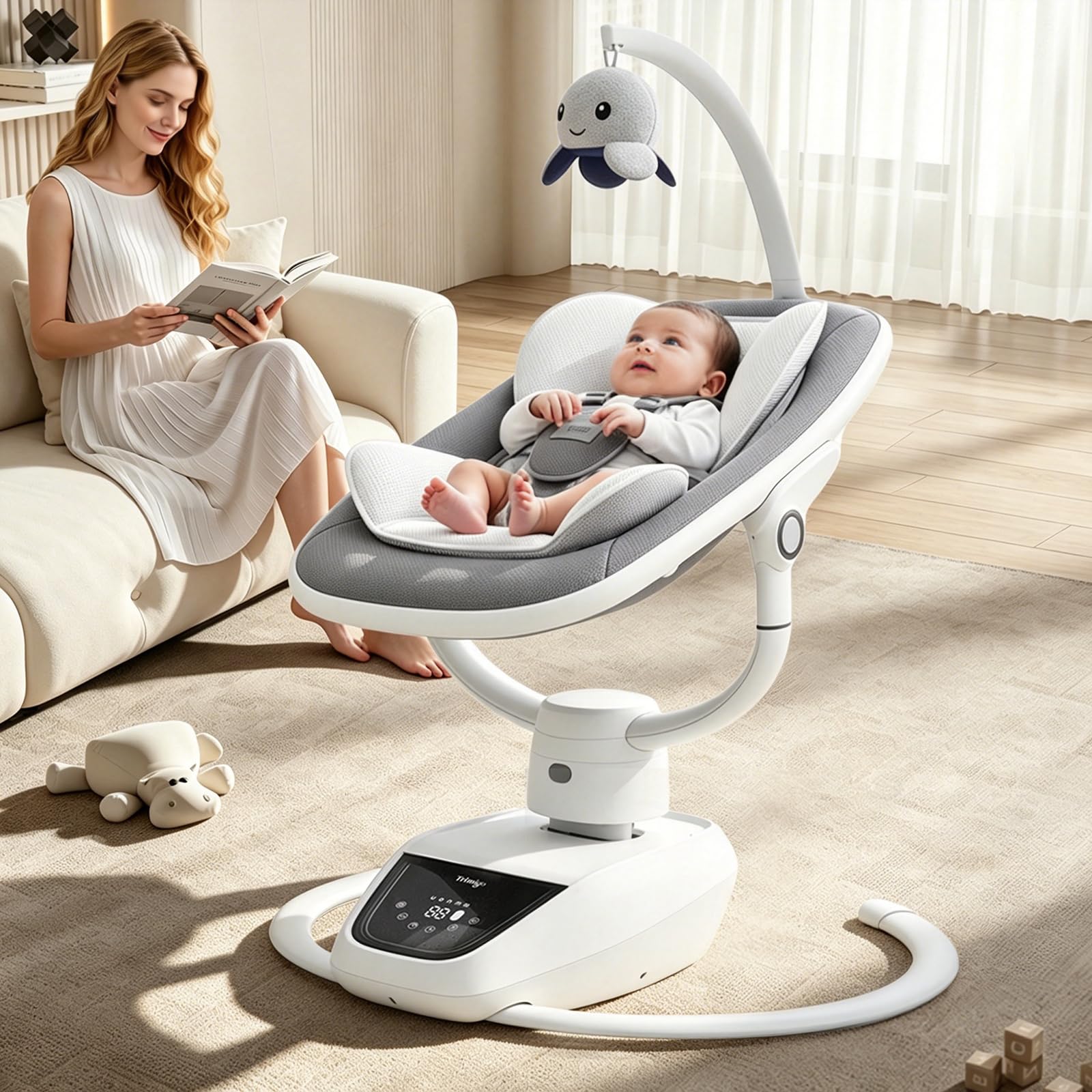 silla bebé eléctrica 180° ajustable 3D con mando a distancia, 5 modos, 4 velocidades, 3 alturas de asiento, 8 canciones de calma, columpio bebé 0-12 meses (color gris)