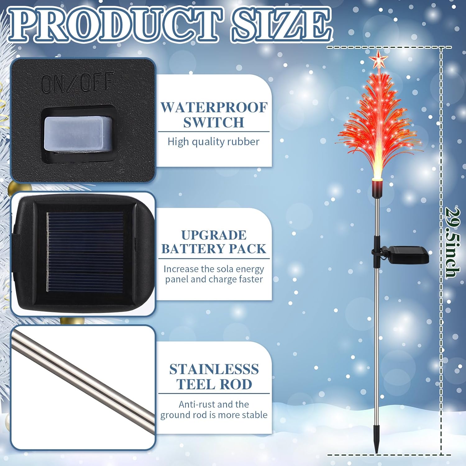 Baquler 6 Pack Solar Christmas Tree Garden Stake Lights Outdoor Waterproof Color Changing Christmas Lighted Yard Decorations Optical Fiber Xmas Pathway Lights for Lawn Patio Cemetery(Red, Blue)
