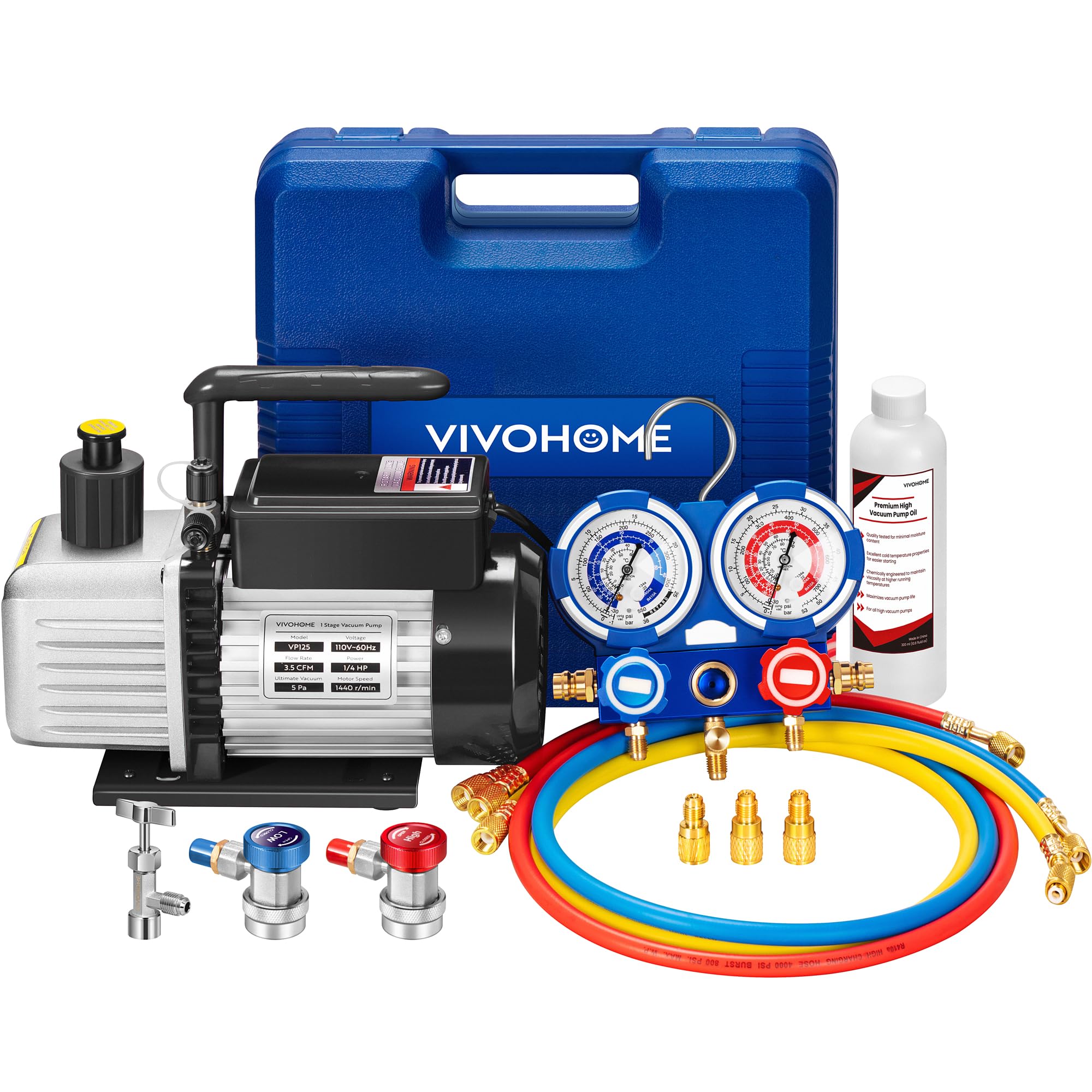 VIVOHOME 110V 1/4 HP 3.5 CFM Single Stage Rotary Vane HVAC Vacuum Pump and 3 Way AC Manifold Gauge Set with 4ft Hoses & Accessories for Auto Air Conditioning Refrigeration Recharging, Black