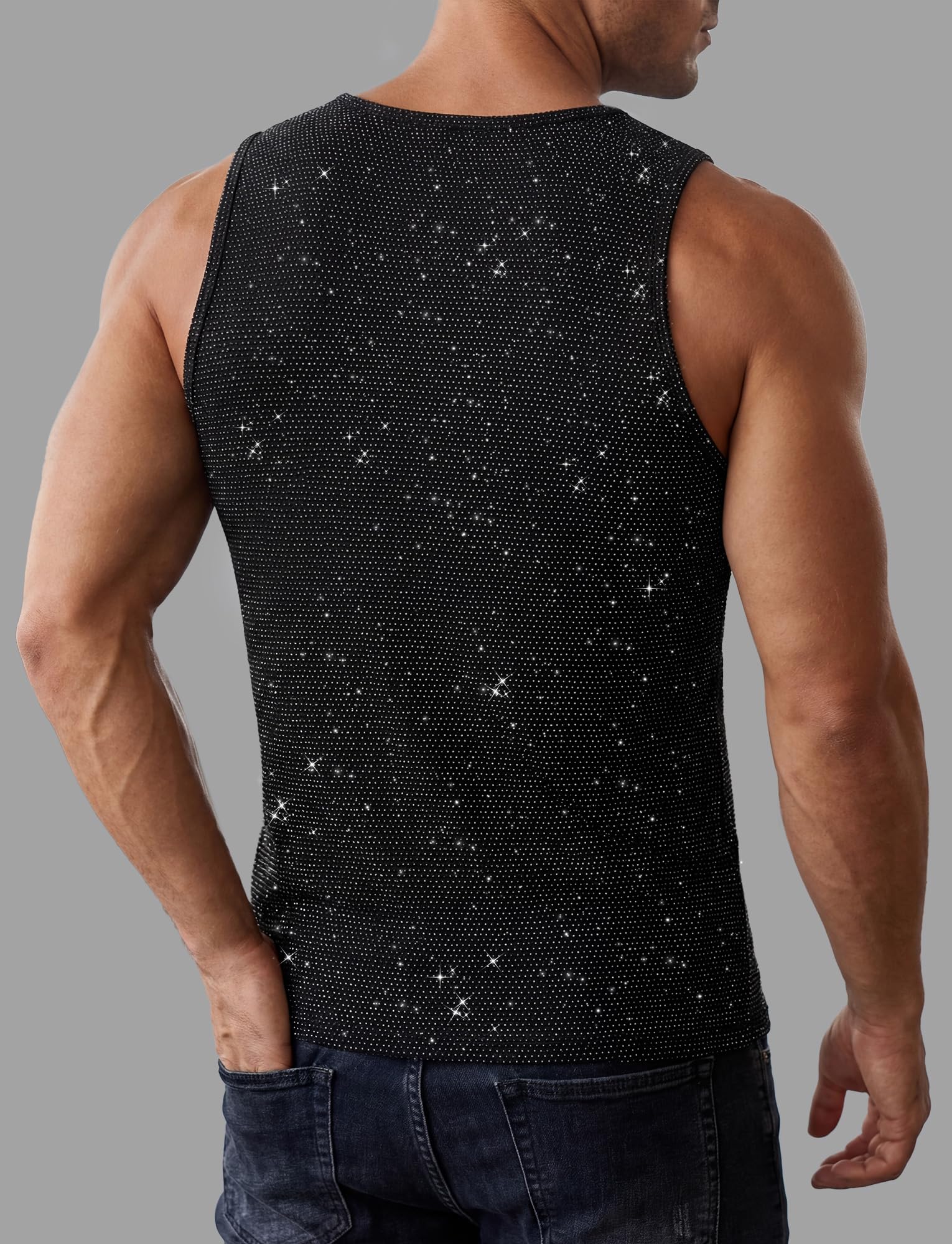 FEOYA Débardeur à paillettes pour homme - Avec strass métalliques - Col rond - Sans manches - Pour soirée discothèque, discothèque, discothèque - Pour l'été