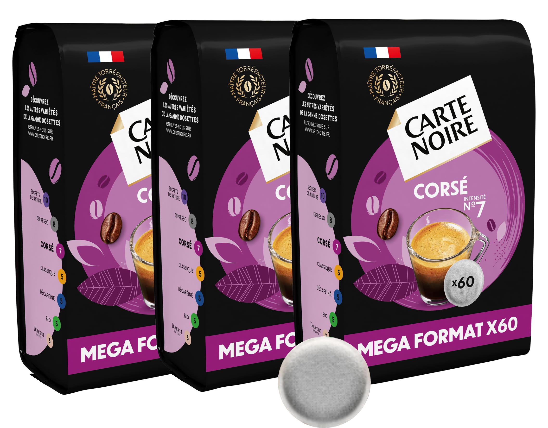 CARTE NOIRE – Caffè in cialde morbide Corposo N°7 – Ricco di Arabica – 3 confezioni da 60 cialde – Compatibili Senseo (180 cialde)