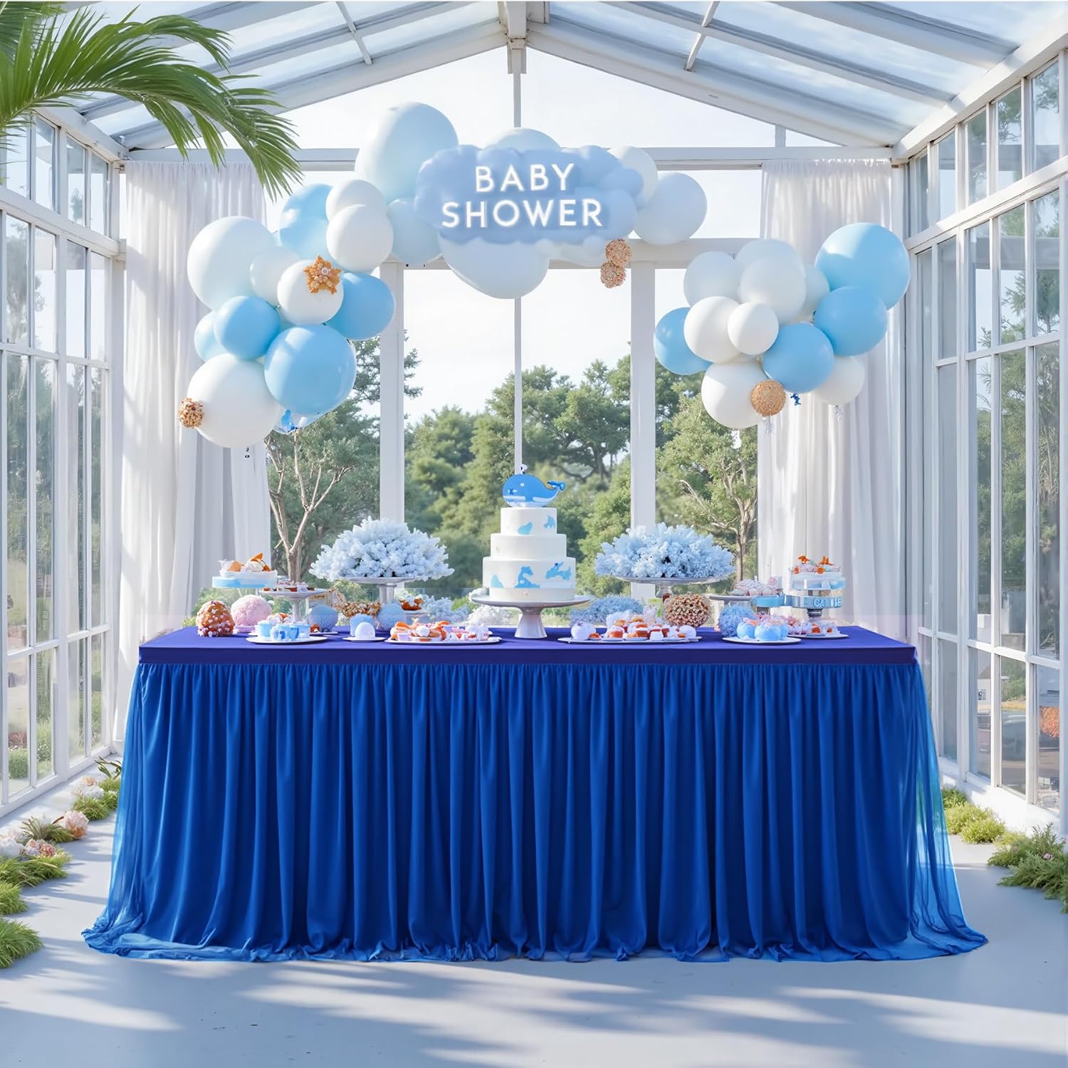 Blue Fitted Tablecloth Rectangle 8 Foot Stretch Elastic Tulle Ruffle Tablecloths Rectangular Spandex Table Covers 8ft Birthday Baby Shower Wedding Party Table Cloths with Skirt 2Pack