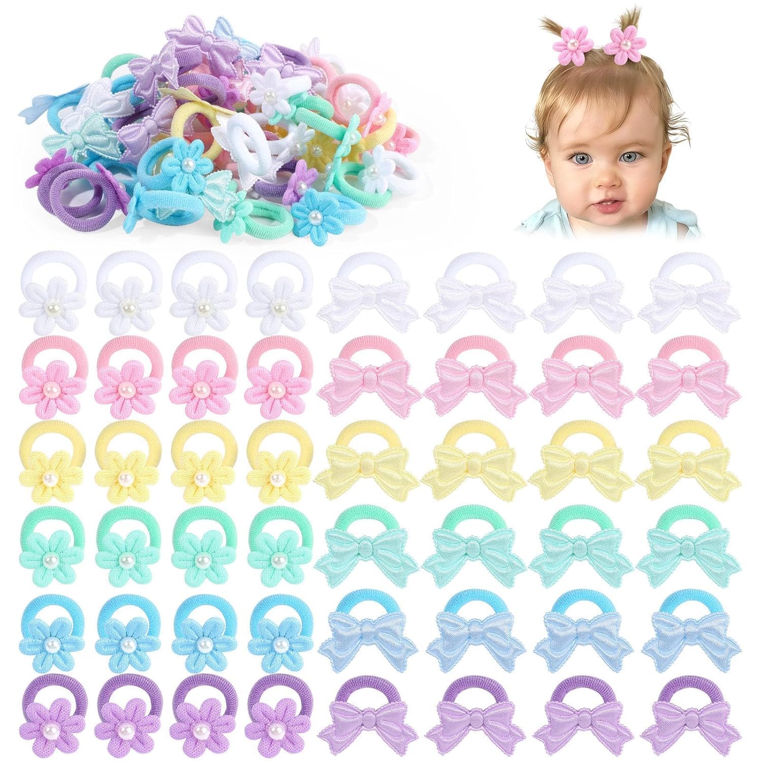 vobobe 48Pcs Baby Hair Ties, Toddler Hair Ties No Damage with Flower