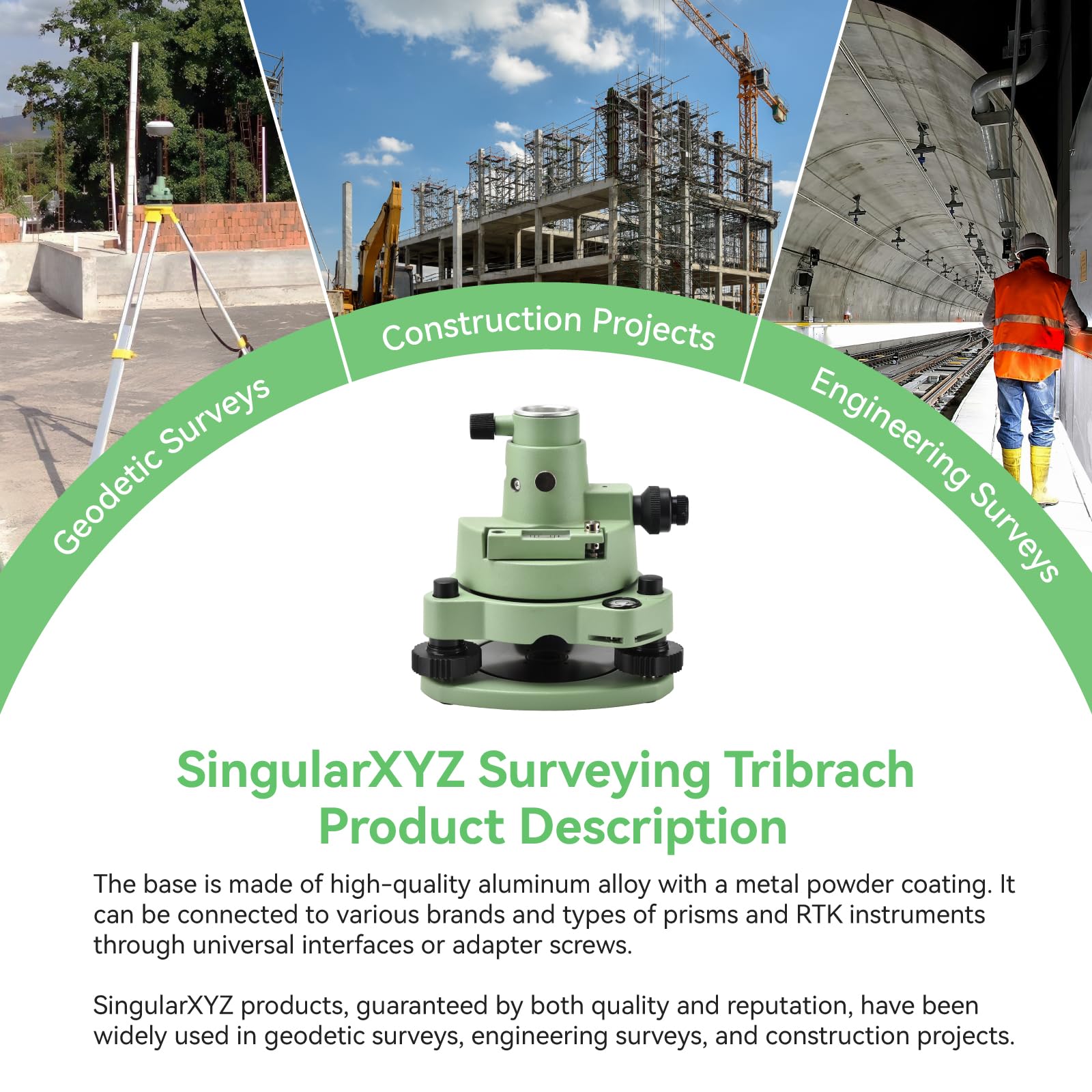 Tribrach y adaptador de topografía, base RTK verde de tres mandíbulas con plomada óptica, rosca de 5/8 pulgadas para GNSS GPS RTK y base de objetivo óptico de prisma de estación total