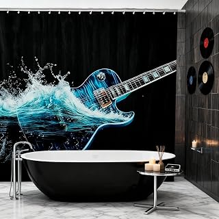 Cool Guitar Bass Bath Curtain 72"x78" 3D Water Modern Artistic Shower Curtain for Kids Decor Musical Instrument Bathroom Shower Curtain Set Polyester Rock Roll Music Lover Bathroom Accessories