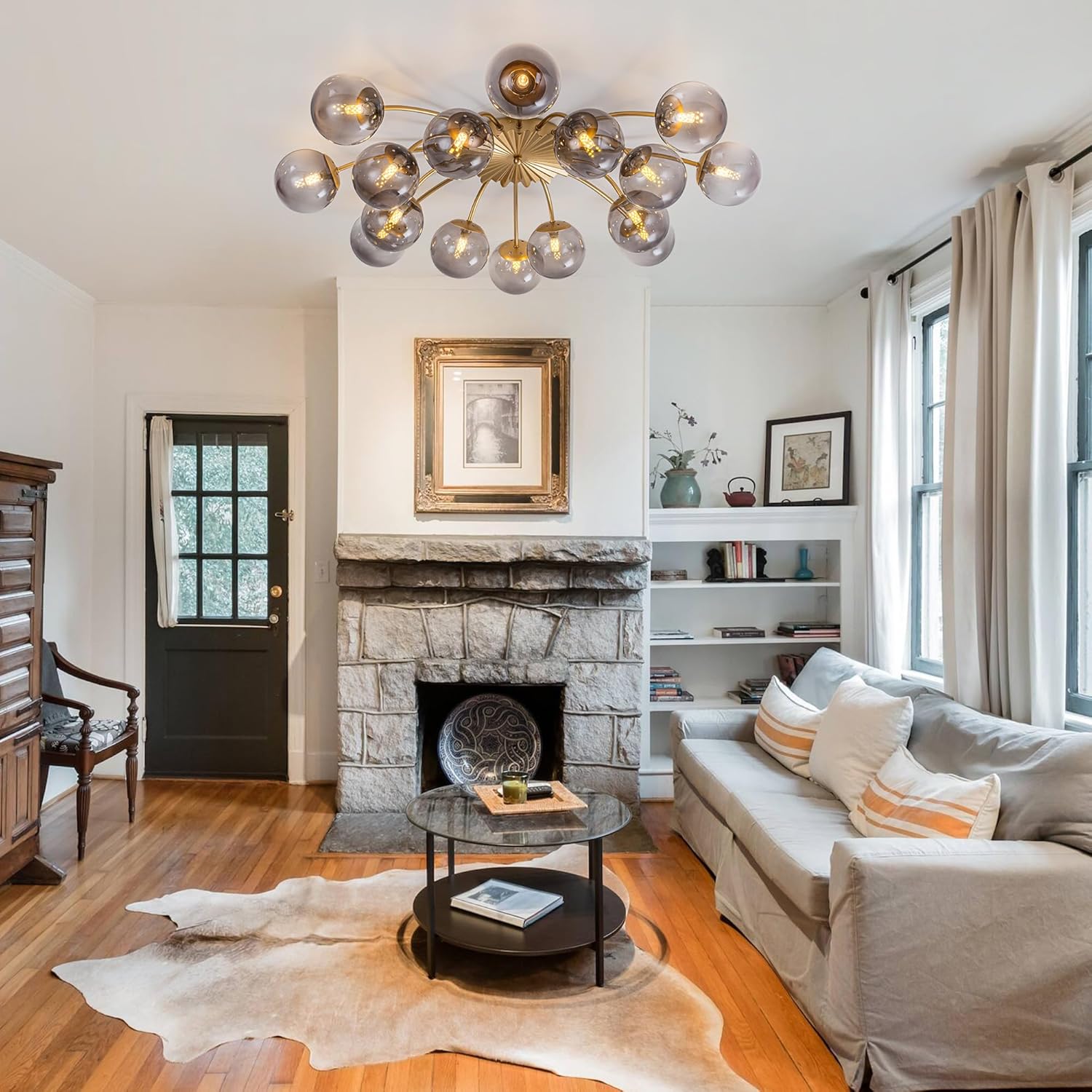 Longree Bloom Smoked Glass Globe Sputnik Chandeliers 16-Light Mid Century Gold Sputnik Chandeliers Bubble Flush Mount Ceiling Light Fixture Farmhouse Industrial Sunburst Chandelier Light Fixture