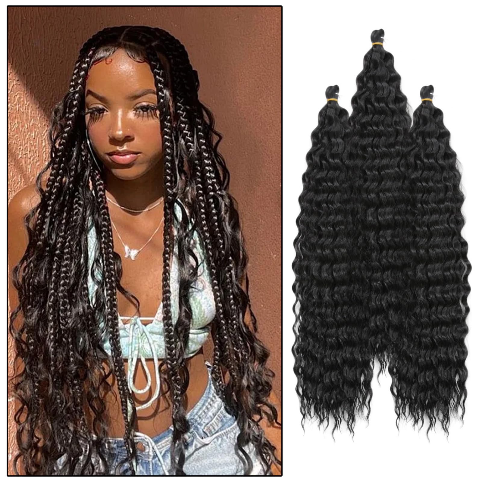Deep Wave Crochet Hair 18 inch Soft Ocean Wave Braiding Crochet Hair For Boho Braids,Goddess Box Braid, Twist Crochet Hair Soft Synthetic Deep Wave Curly Braiding Hair Extensions for Women (3 Packs)