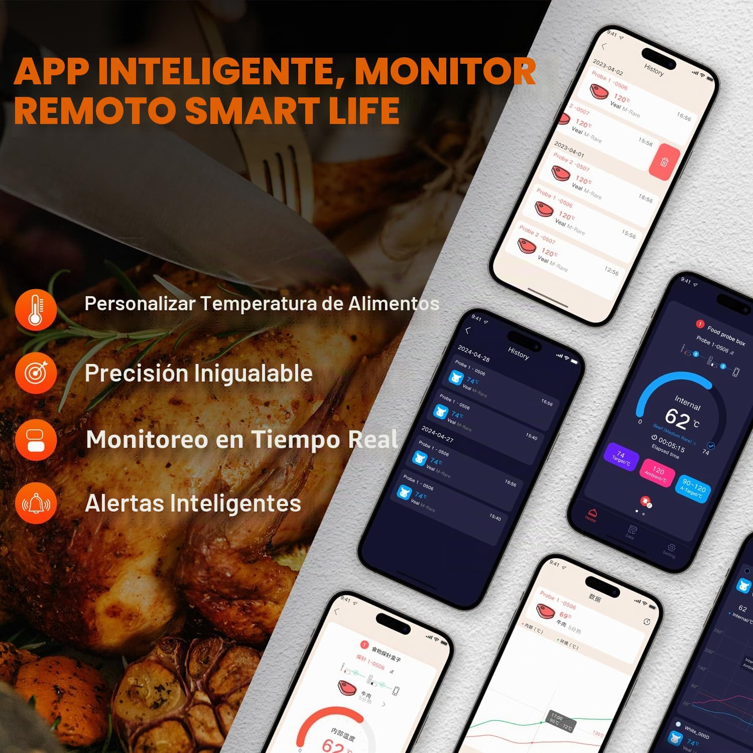 GRAM PRES Termómetro de carne inalámbrico, termómetro digital de cocina con sonda inalámbrica y alcance de 500 pies, termómetro para alimentos, aplicación iOS y Android, temperaturas preprogramadas