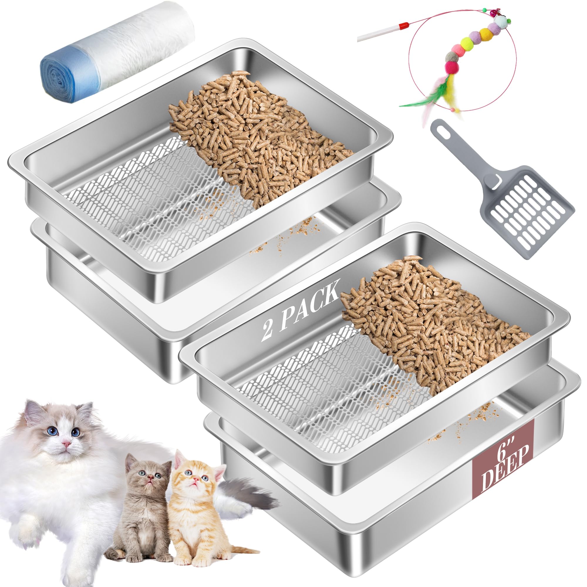 2 Pack Stainless Steel Sifting Cat Litter Box for Pine Pellets, XL Extra Large Metal Cat Litter Box Sifter Pan with Litter Scoop, Low Dust, Odor Control, Easy Cleaning, 19.7" L x 13.8" W x 6" H