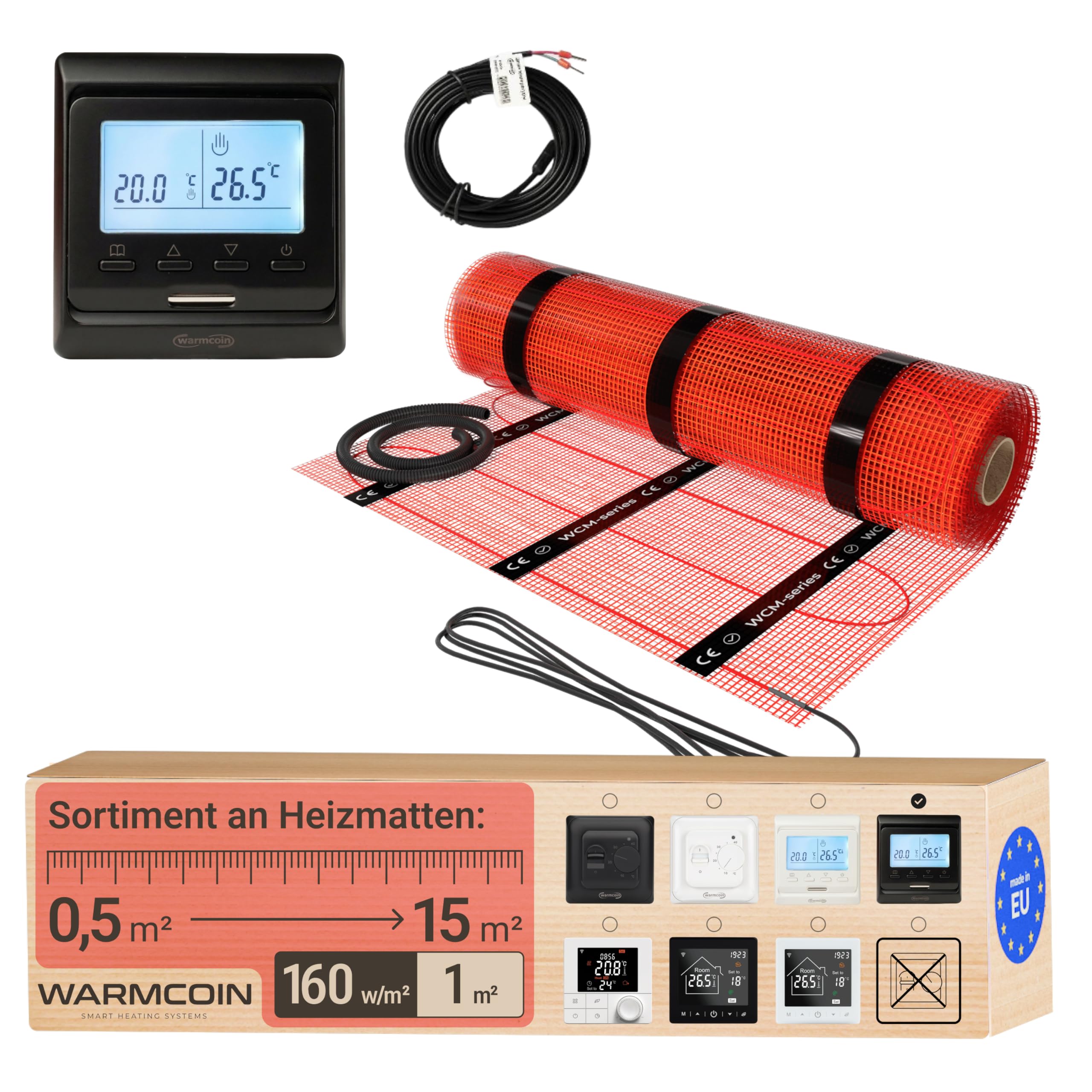 Kit Riscaldamento a Pavimento Elettrico 160W/m² – Stuoia Autoadesiva 1,0 m² (0,5x2m) – Piastrelle, Laminato, Vinile – Con Cronotermostato LCD Programmabile W51 Nero