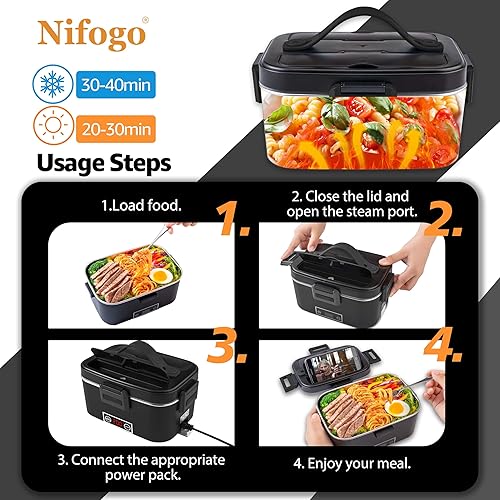 Miniatura 6 de Nifogo Fiambrera eléctrica para adultos de 100 W con pantalla de temperatura, lonchera calentada, calentador de alimentos, contenedor de acero